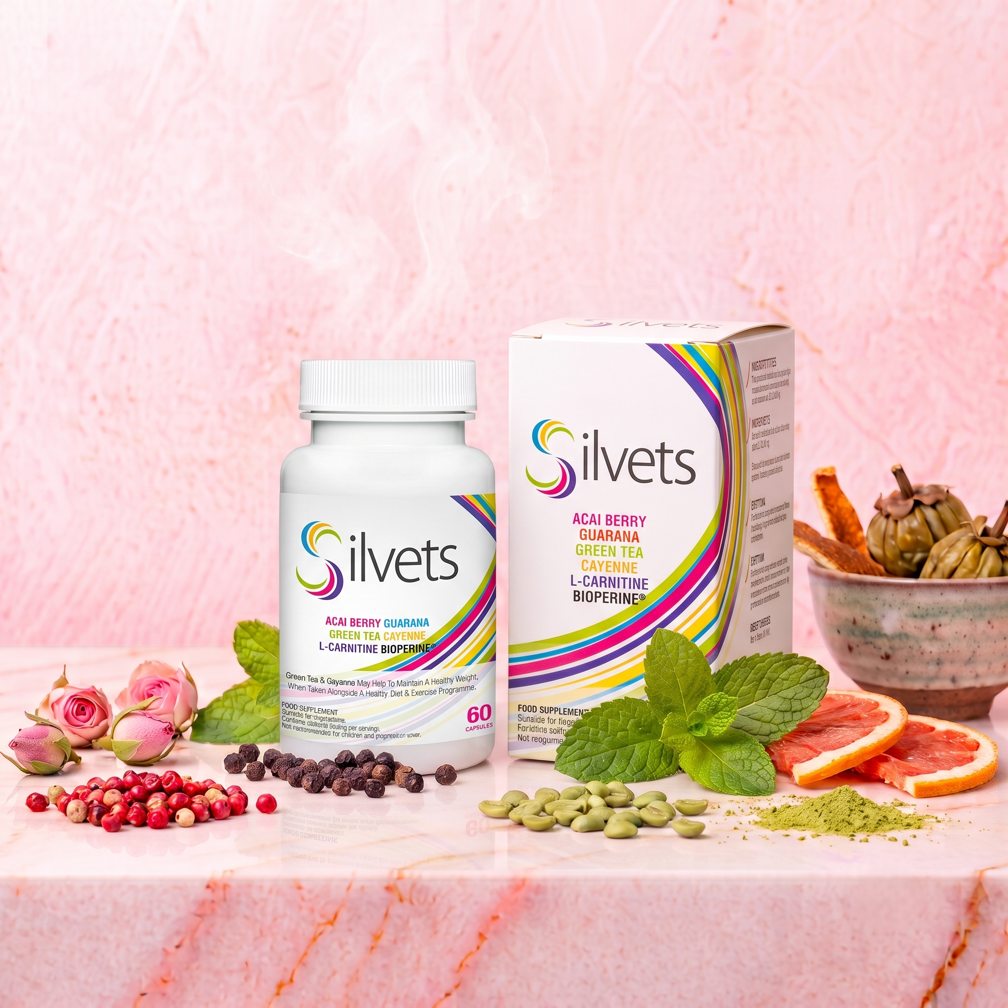 A white bottle of dietary supplements labeled 'Ilvet's' with a colorful rainbow stripe design, surrounded by various dried fruits, herbs, and seeds on a pink marbled background.