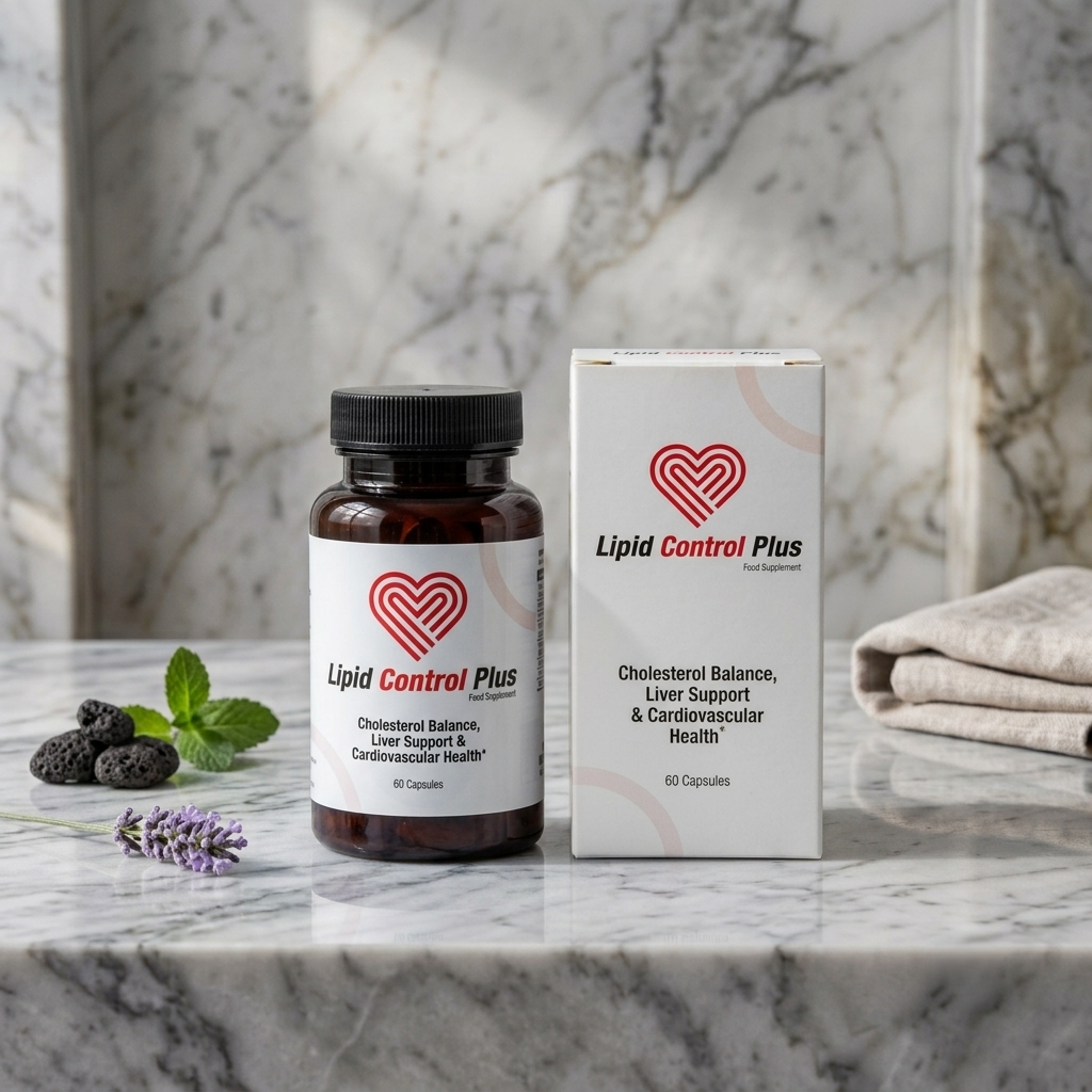 Bottle and box of Lipid Control Plus dietary supplement on marble surface, with blackberries, mint leaves, and lavender nearby.
