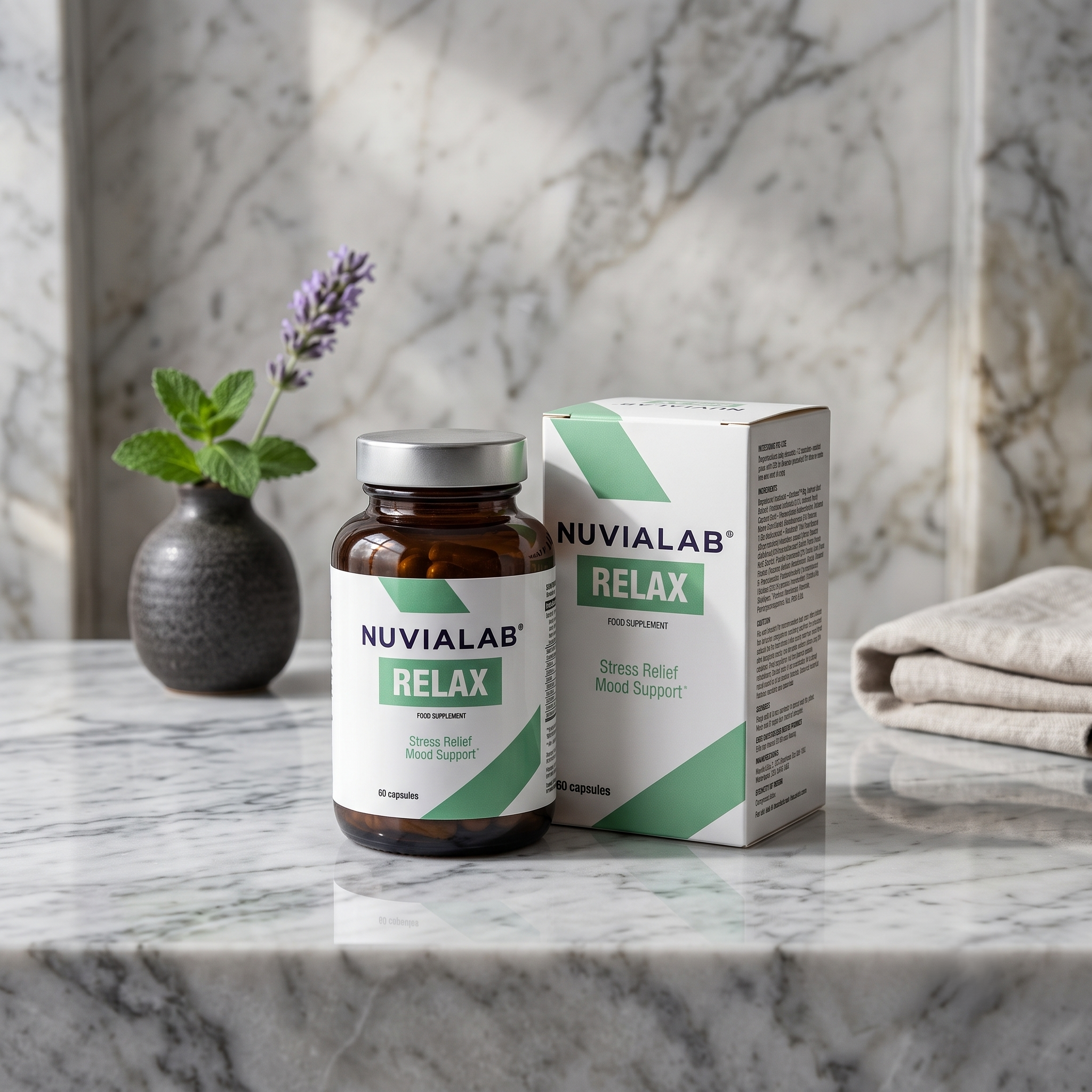 A small gray vase with a lavender plant next to a bottle of NuviLab Relax dietary supplement and its packaging on a white marble surface, with a marble wall in the background.