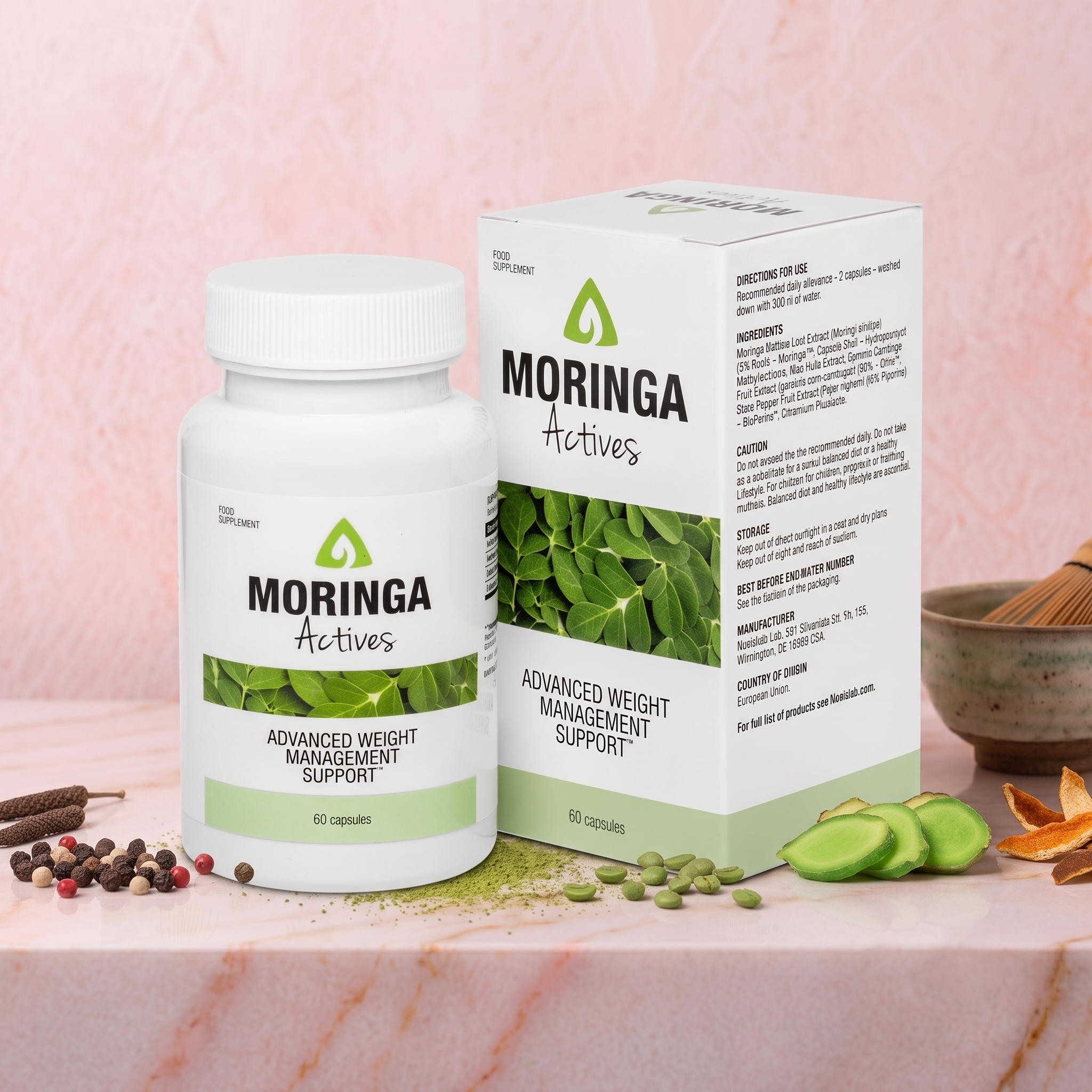 A white bottle and a box of Moringa Actives dietary supplement capsules are displayed on a pinkish marble surface with herbs, spices, and seeds scattered around. The bottle has a white label with green and black text.