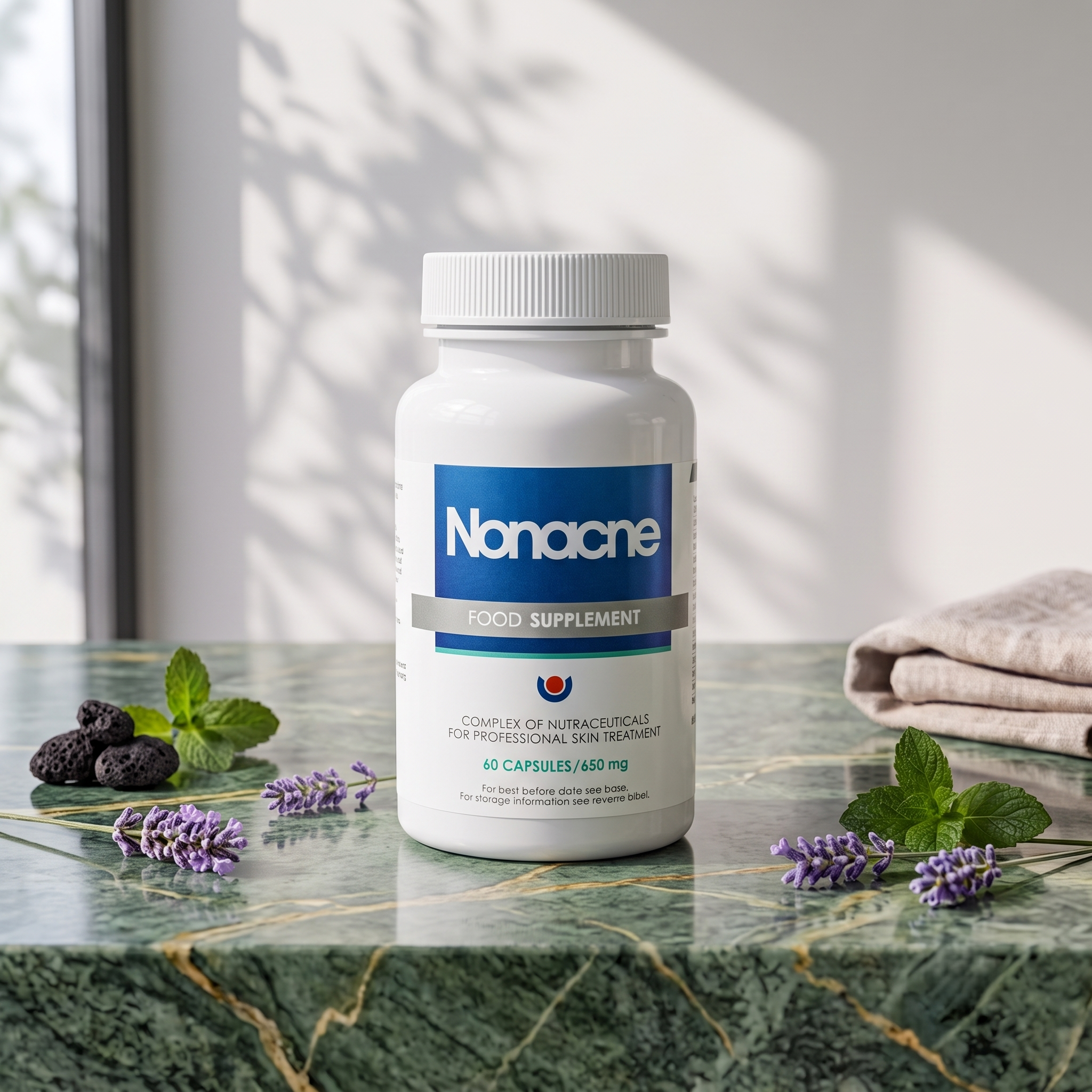 A white bottle of supplement labeled 'NAC' with a black cap, placed on a green marble surface surrounded by sprigs of lavender, mint, and slices of black garlic, with a white wall and window in the background.
