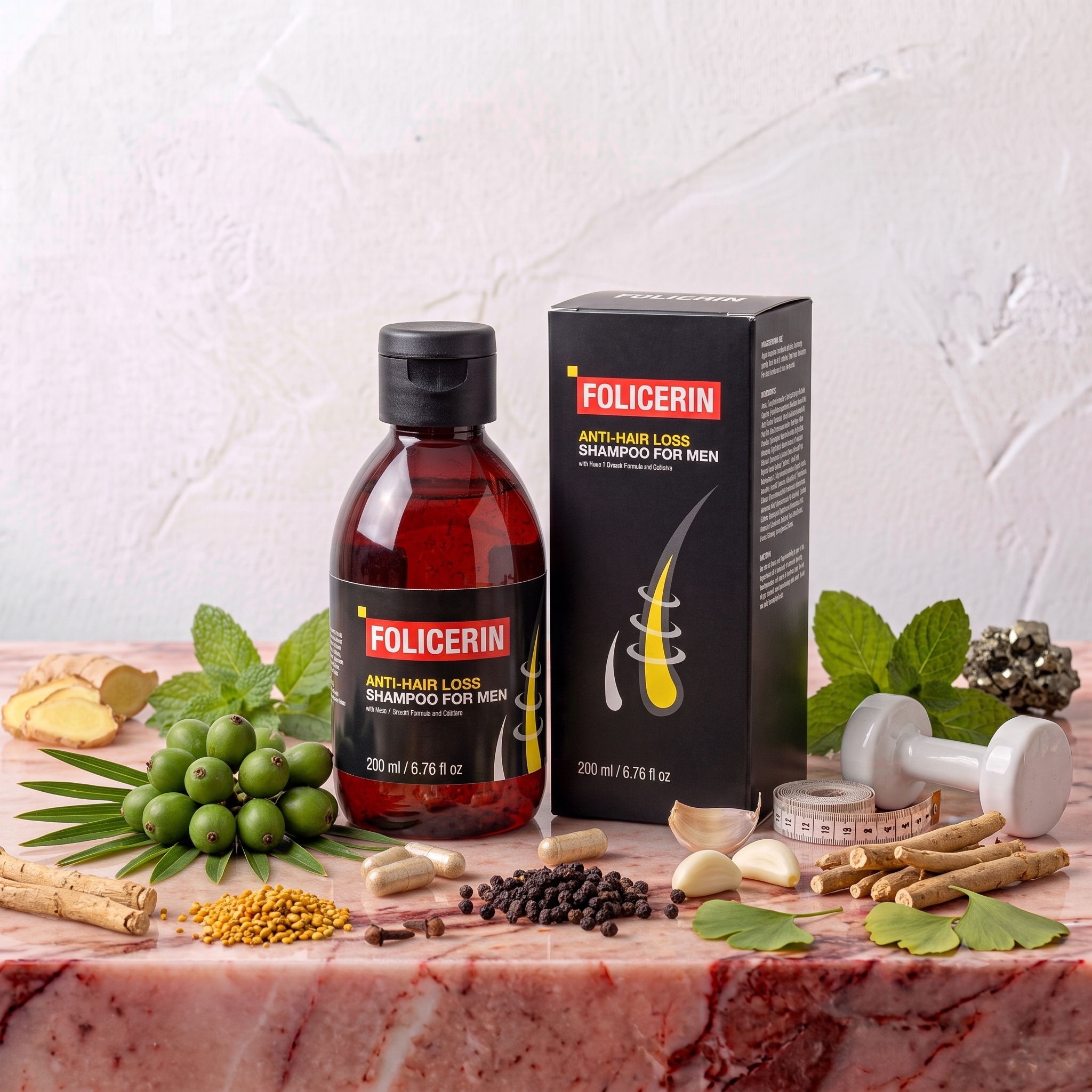 Anti-hair loss shampoo bottle labeled Folicerin along with herbal and natural ingredients, including green berries, ginger root, turmeric, black pepper, garlic, and leaves, arranged on a marble surface.