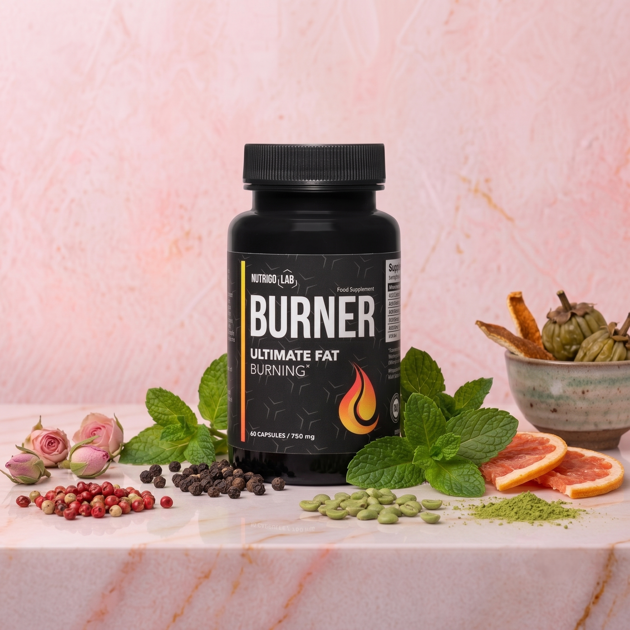 A black bottle of Nutrigo Lab 'Burner Ultimate Fat' dietary supplement on a white surface with pink marble pattern background, surrounded by herbs, spices, peppercorns, dried fruit, and green powder.