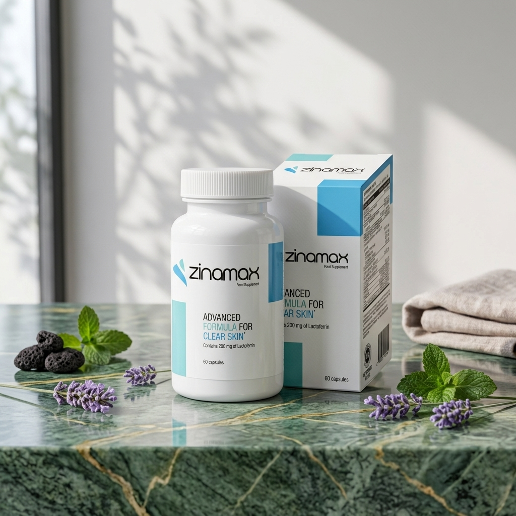Bottle and box of Zinamax dietary supplement on a marble table, surrounded by fresh mint leaves, lavender sprigs, blackberries, and a folded towel, with a bright window in the background.
