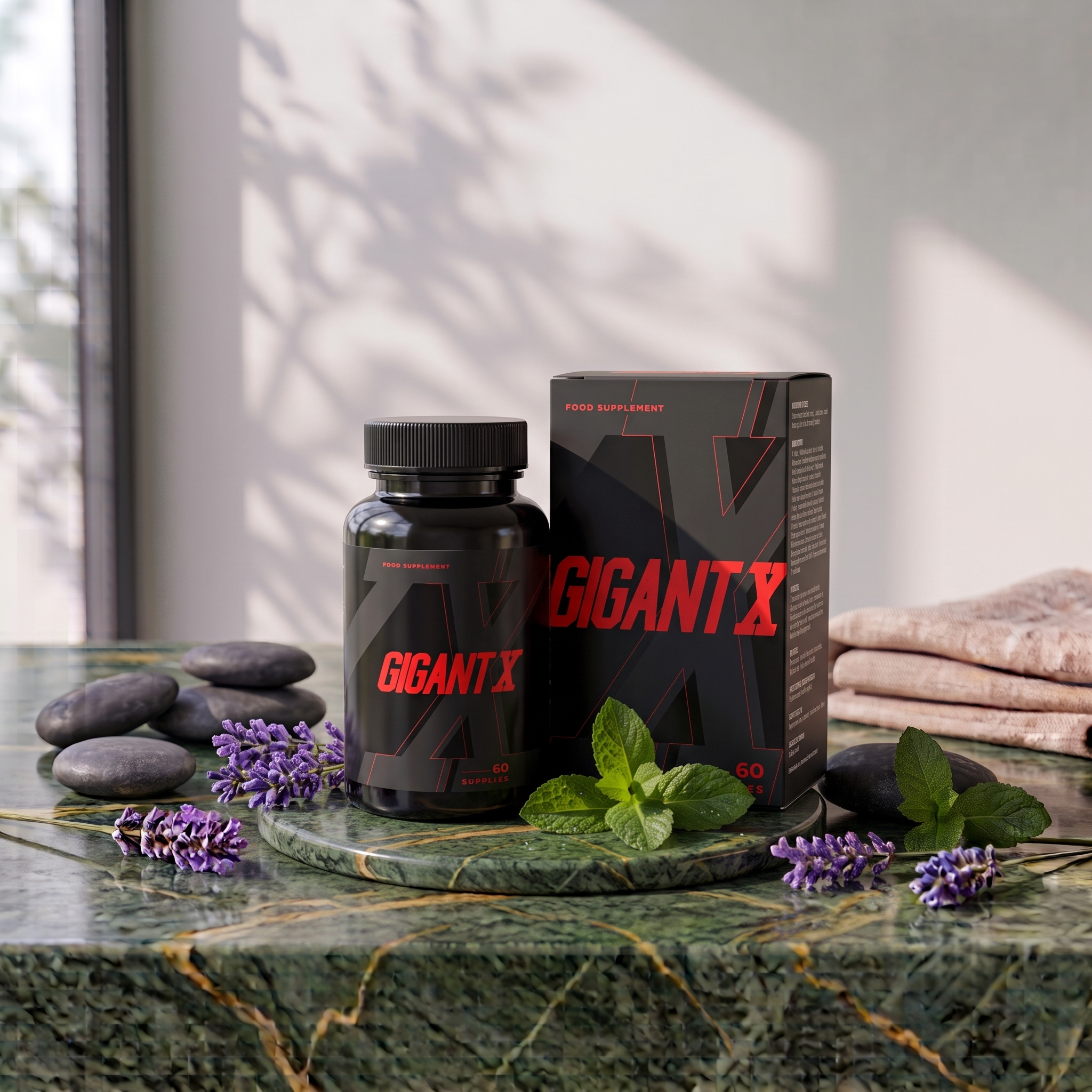 A black bottle with a screw-on cap, and a black box labeled "GIGANTX FOOD SUPPLEMENT," both placed on a green marble tray. Purple lavender flowers, green leaves, and smooth gray stones are arranged around them on a textured surface, with a blurred background and sunlight casting shadows.