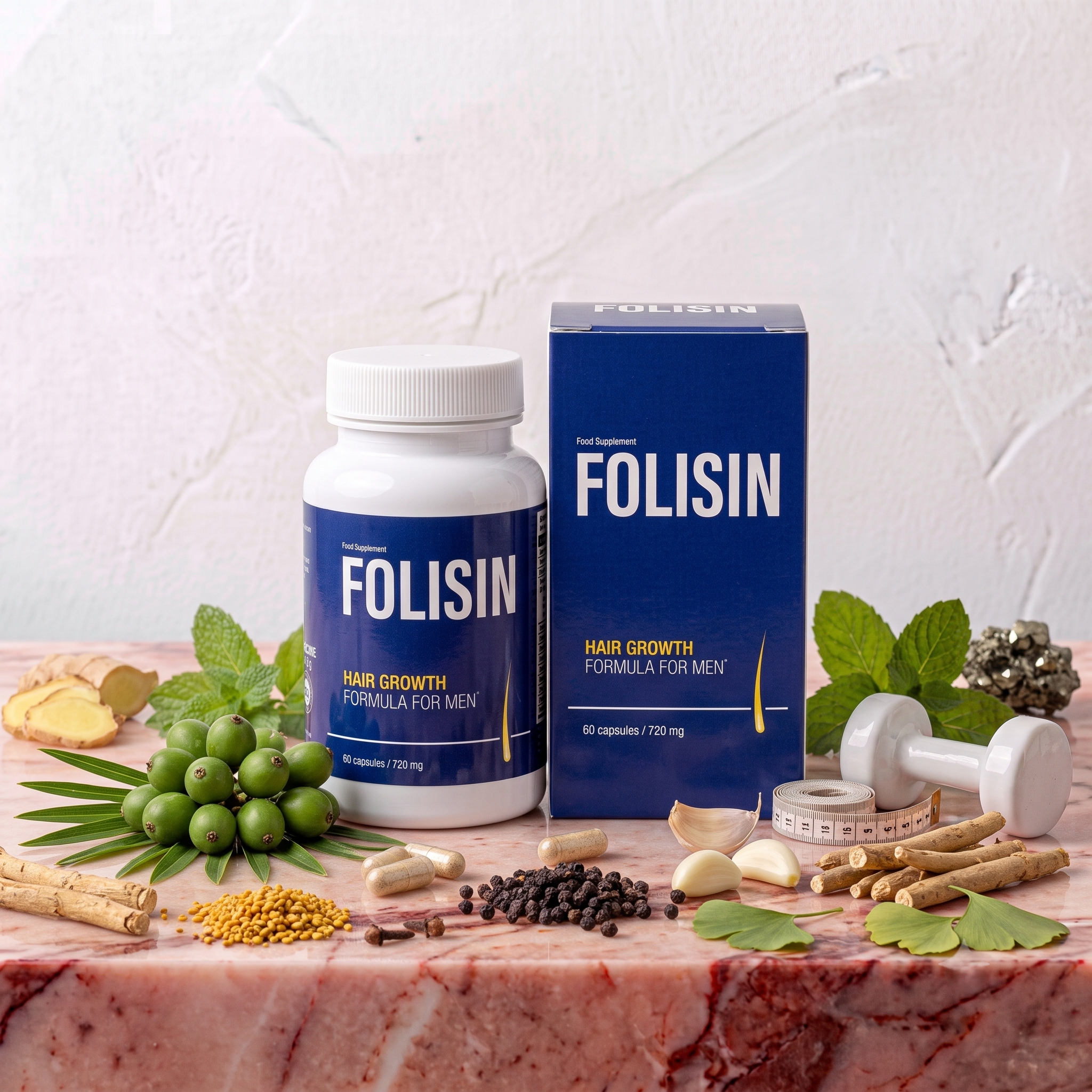 Various food supplements and natural ingredients, including green berries, ginger roots, garlic cloves, herbs, and dried spices on a marble surface background.
