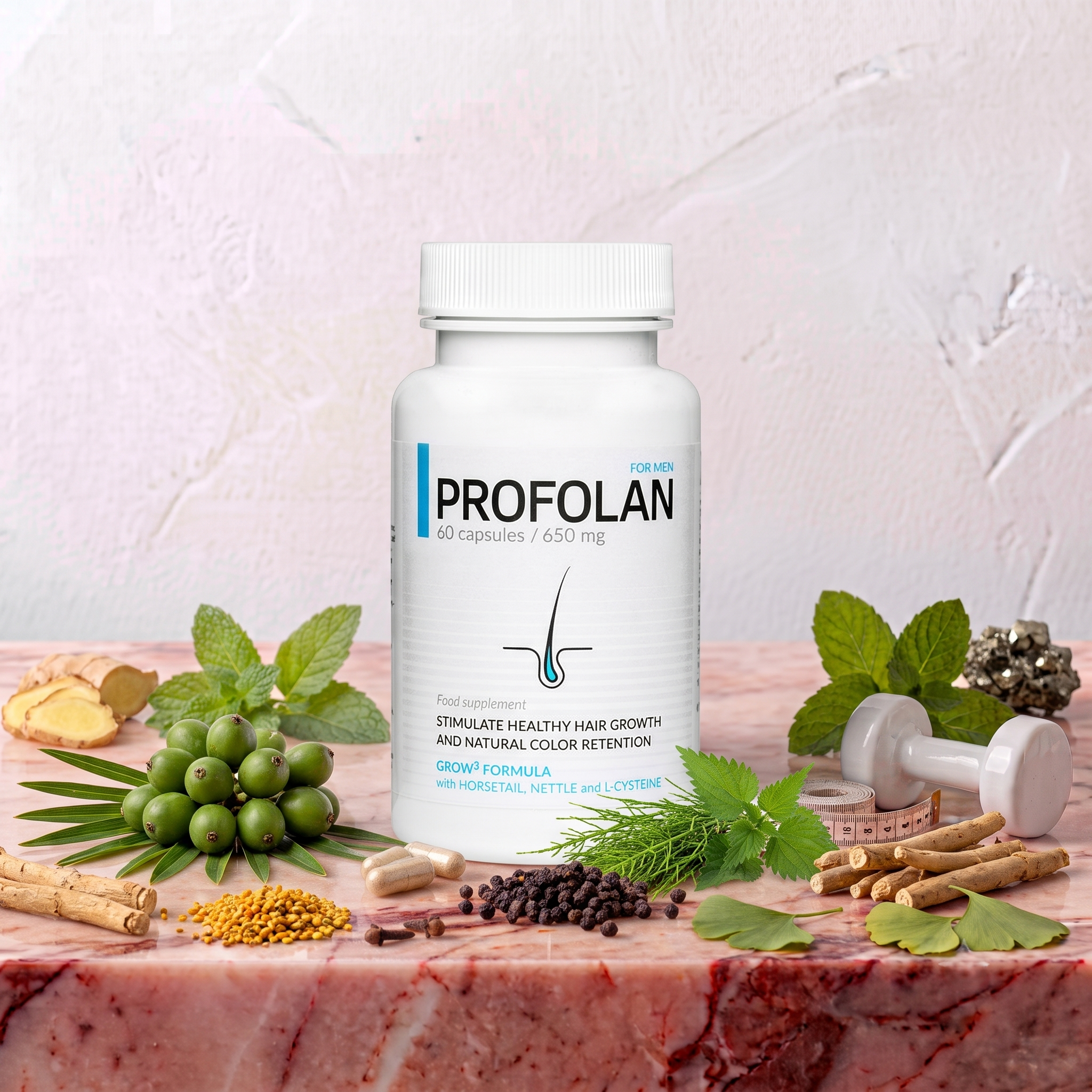 A white bottle of Profolan dietary supplement for men on a pink marble surface, surrounded by natural herbs, seeds, and rocks, with a pink textured wall in the background.