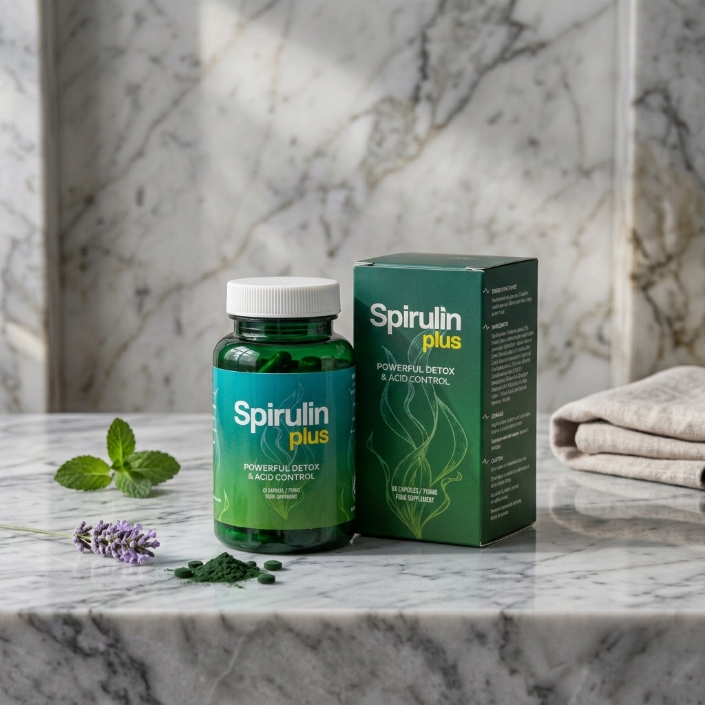 Bottle of Spirulin Plus supplement, green box next to it, herbal leaves, lavender flower, and green powder on marble surface.