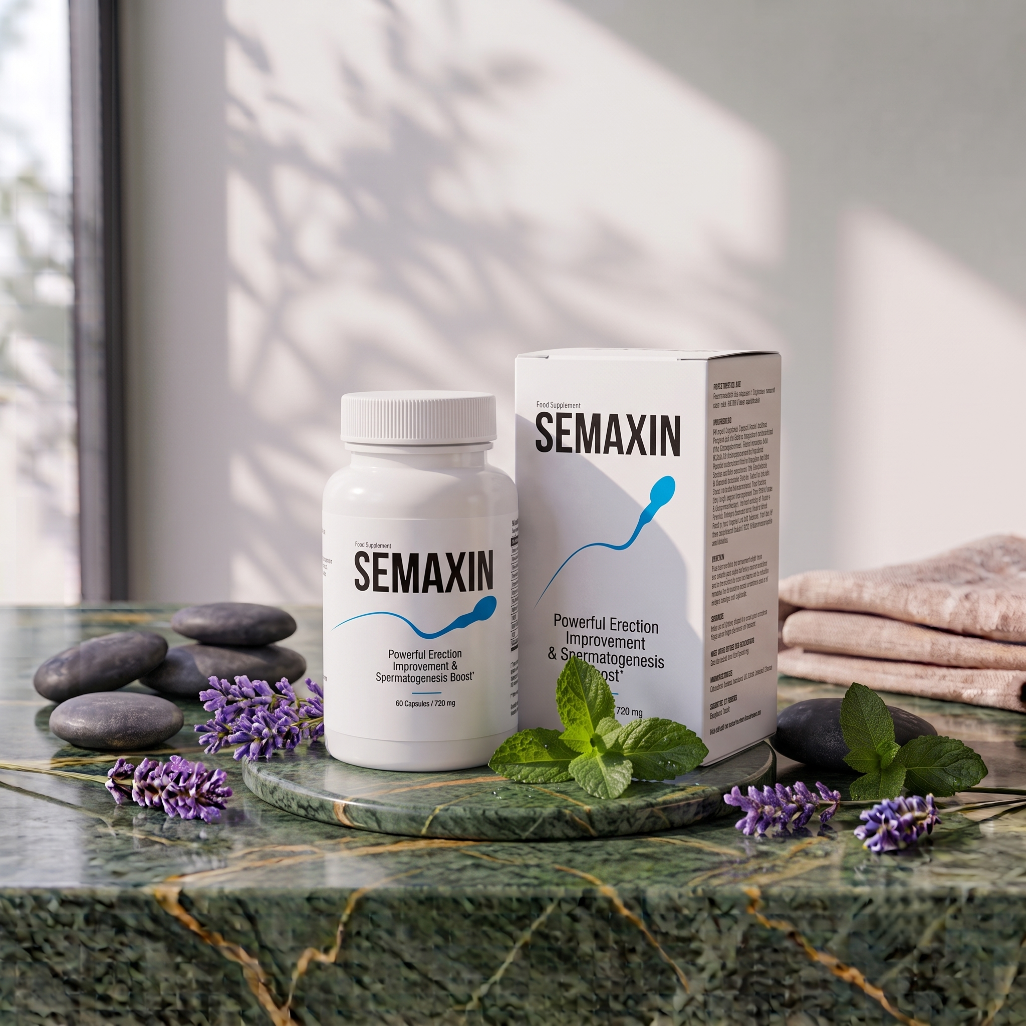 A white bottle of Semaxin dietary supplement in front of its box on a marble surface, surrounded by purple lavender flowers, green leaves, a beige cloth, and smooth stones with a blurred window in the background.