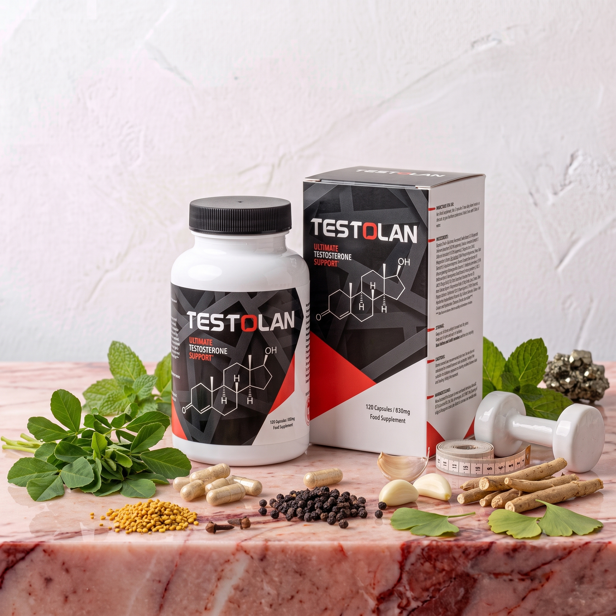 Supplements labeled TESTOLAN, various herbs, pills, spices, a measuring tape, and a marble surface.