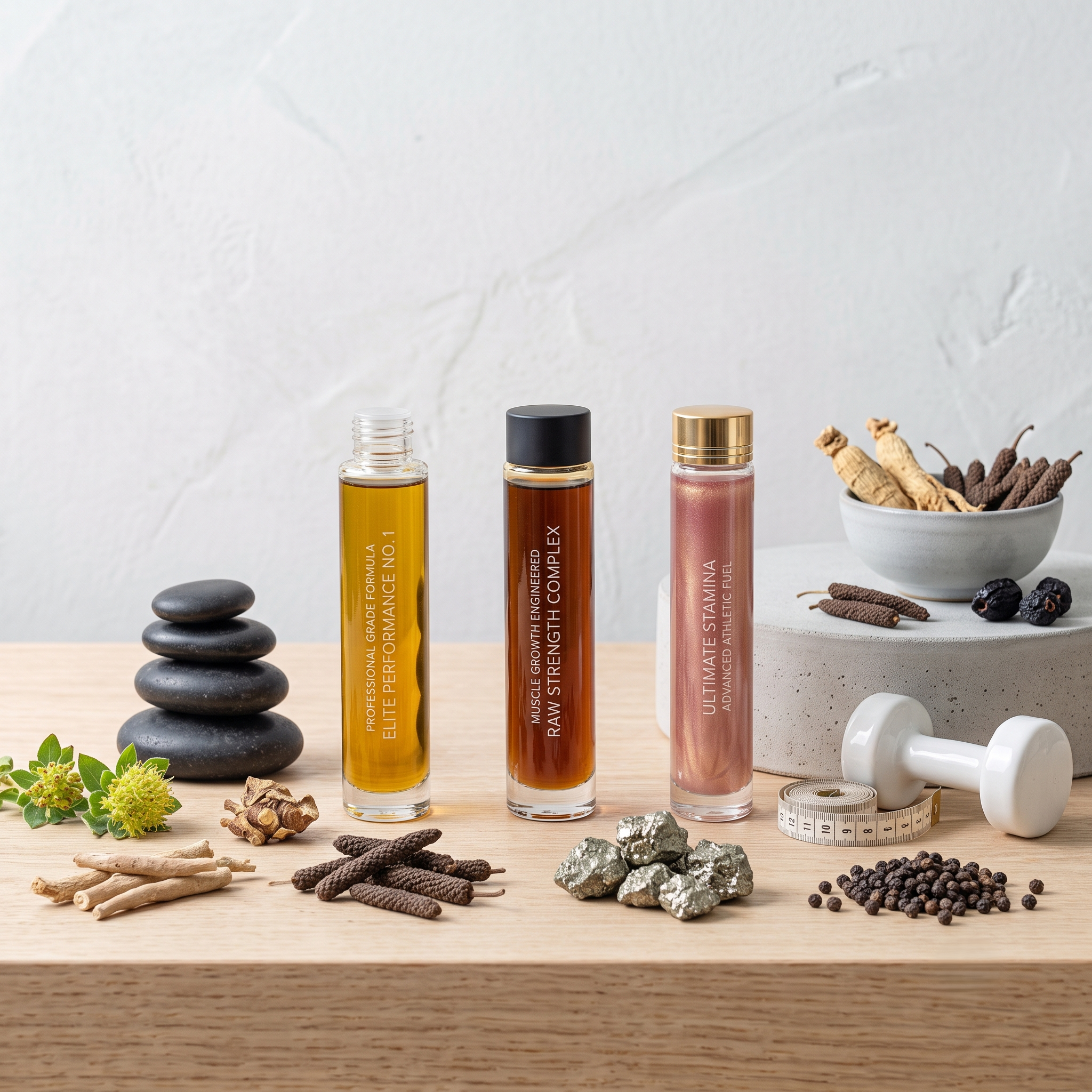 Array of supplements and natural elements on a wooden surface, including bottles with labels, rocks, dried herbs, and measuring tape.