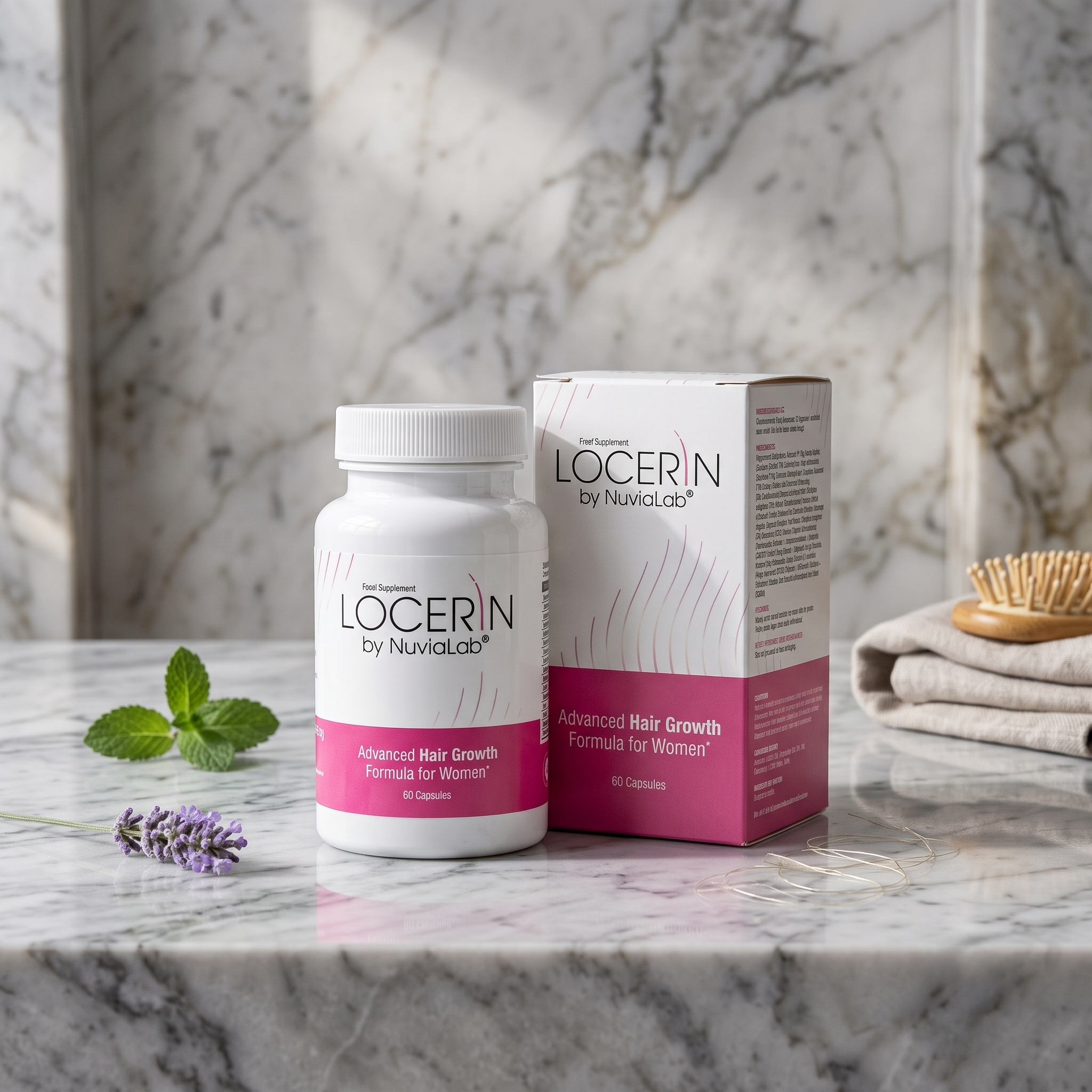 A white bottle and a pink and white box of Locern supplement for hair growth on a marble surface with a sprig of lavender and a beige towel nearby, against a marble wall background.