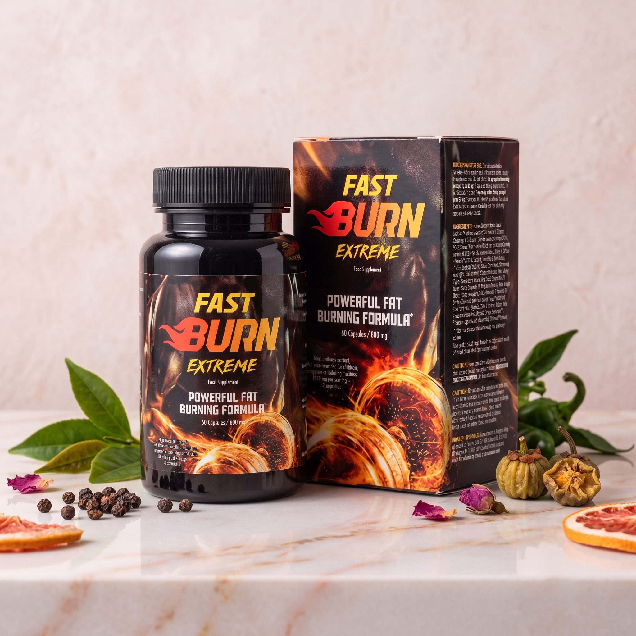 A black bottle labeled "Fast Burn Extreme" and a matching box on a light surface, surrounded by scattered herbs, seeds, and dried flower petals, with green leaves in the background.