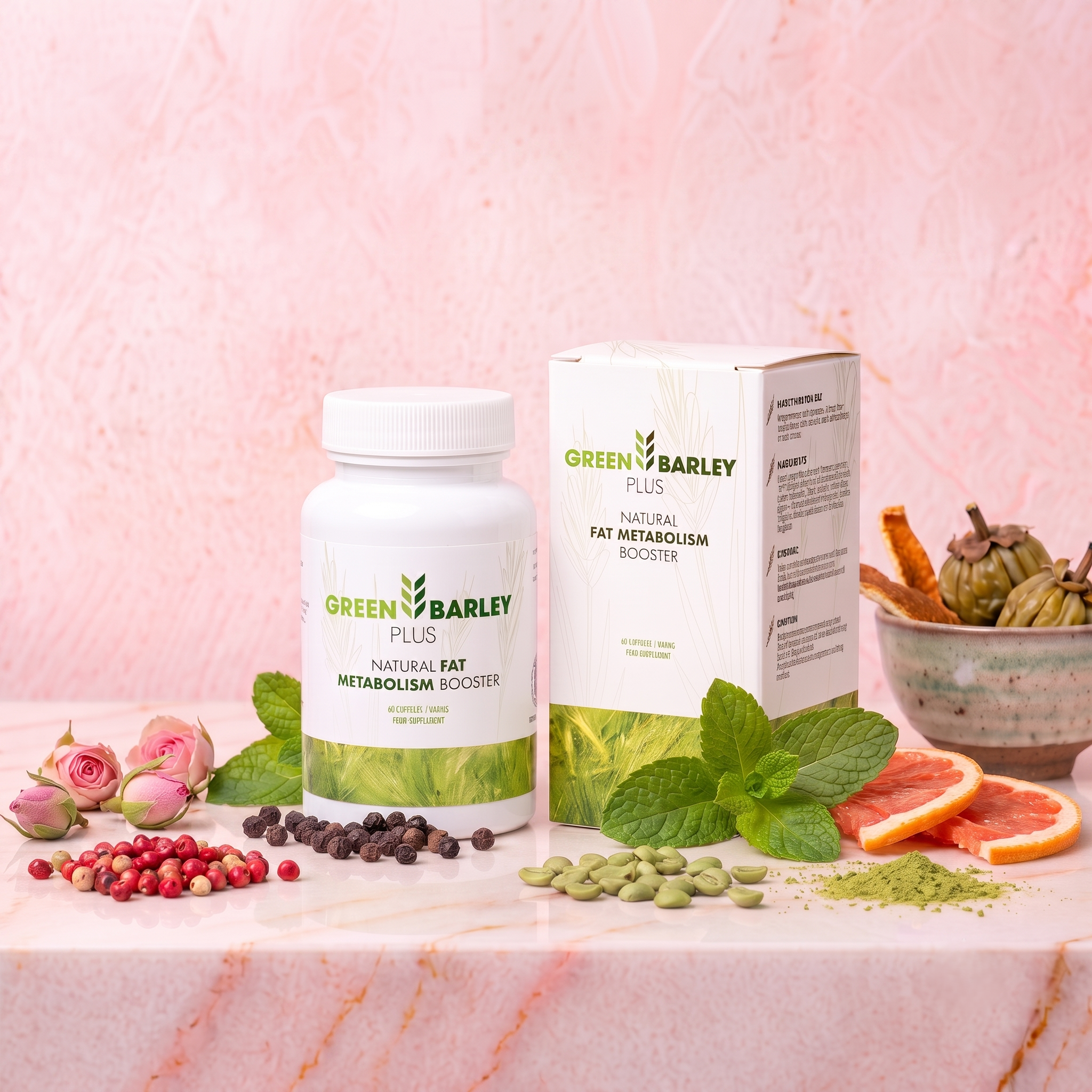 Supplements labeled Green Barley Plus with ingredients like herbs, grains, berries, and seeds surrounding the bottles on a pink marble background.