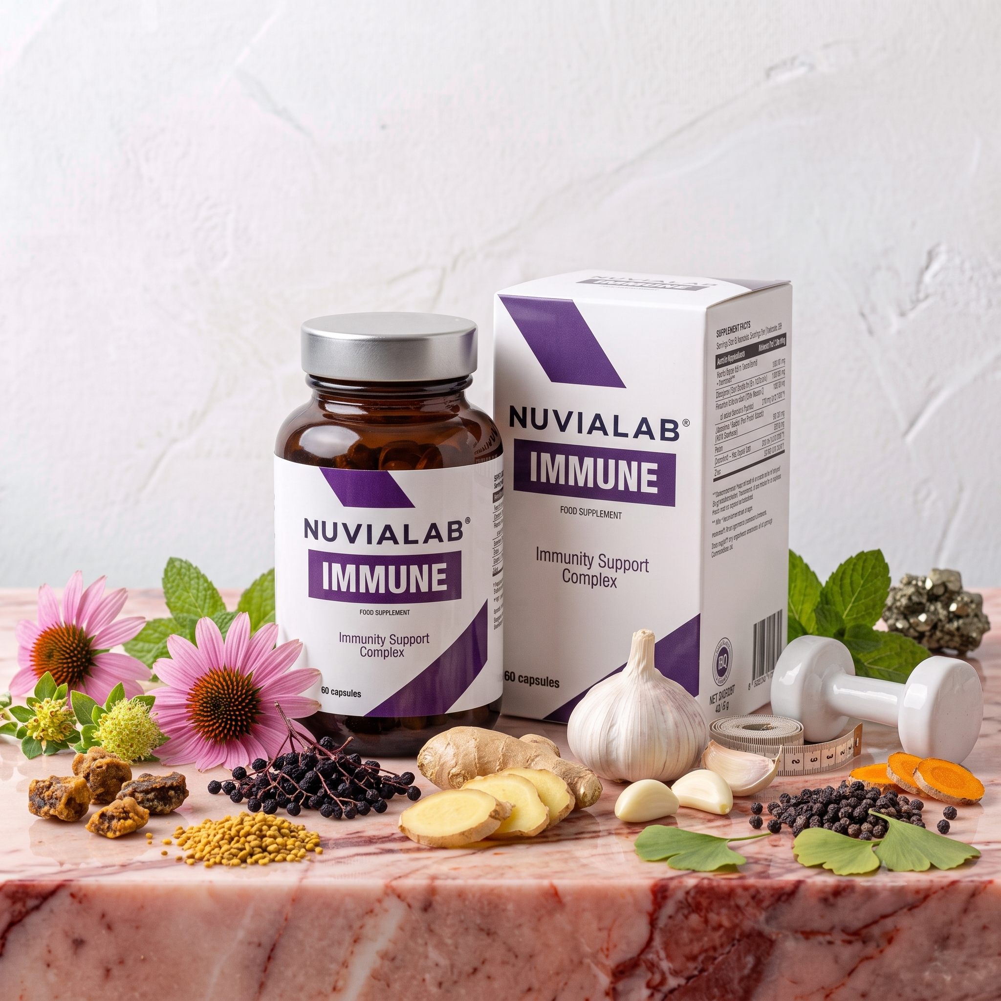 A bottle of Nuvialab Immune supplement, its packaging behind it, displayed on a marble surface surrounded by garlic, ginger, dried berries, black seeds, and flowers.