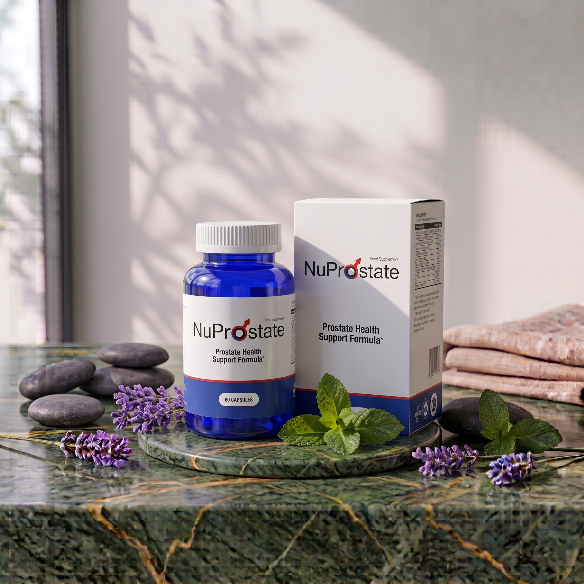 A blue bottle of NuProstate dietary supplements with a white cap, and a white box labeled NuProstate Prostate Health Support Formula on a reflective surface with purple flowers and green leaves around it.