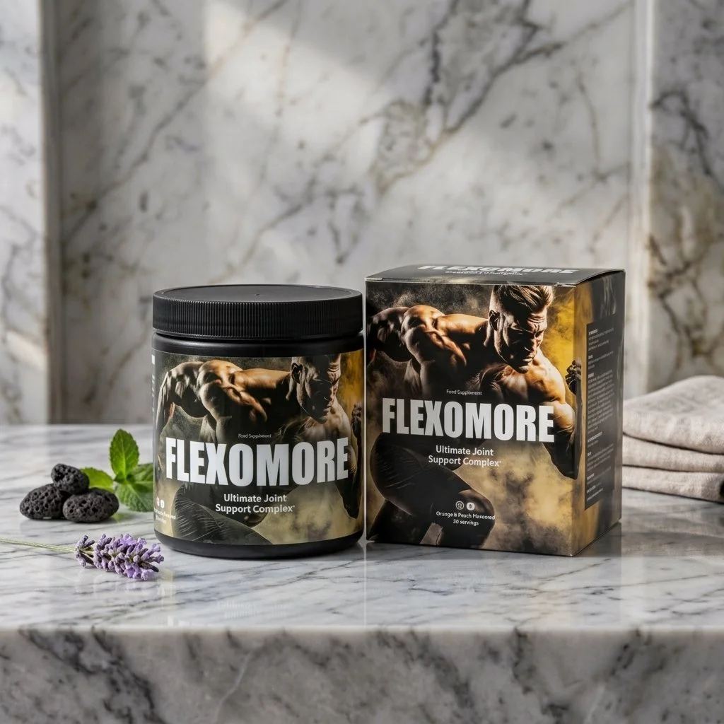 A container and box of Flexomore dietary supplement with a muscular athlete on the labels, placed on a marble surface with blackberries, mint leaves, and lavender flowers beside them, against a marble wall background.