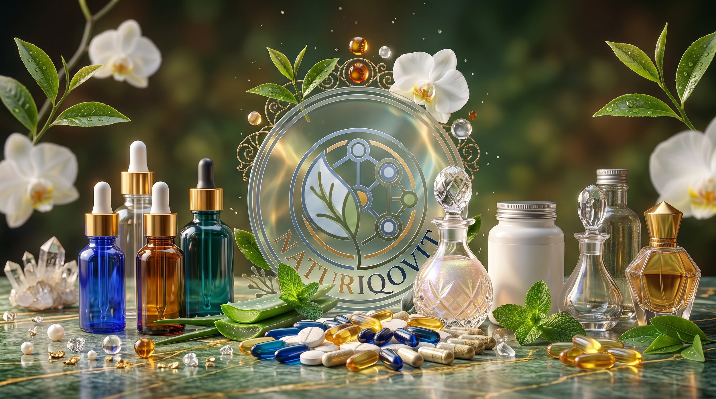 Assorted skincare serums and capsules on a green marble surface surrounded by white orchids, green leaves, and a logo with botanical and alchemical symbols.