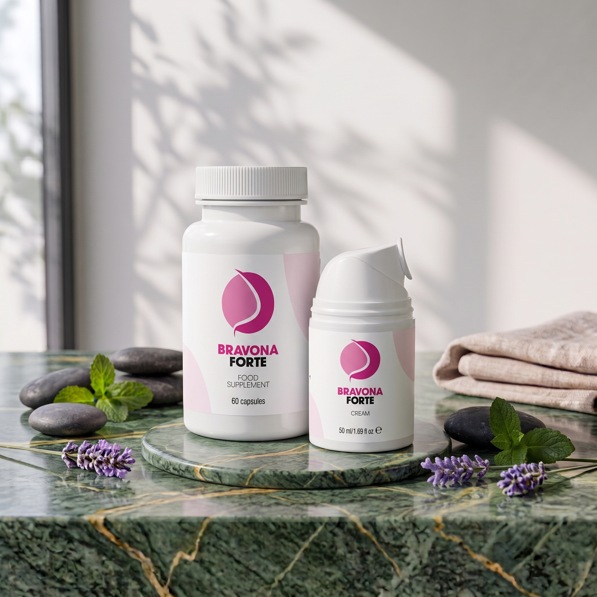 Two white bottles with pink and black labels reading Bravona Forte and Cream, placed on a green marble surface with stones, green leaves, and lavender flowers around them, with a bright window in the background.