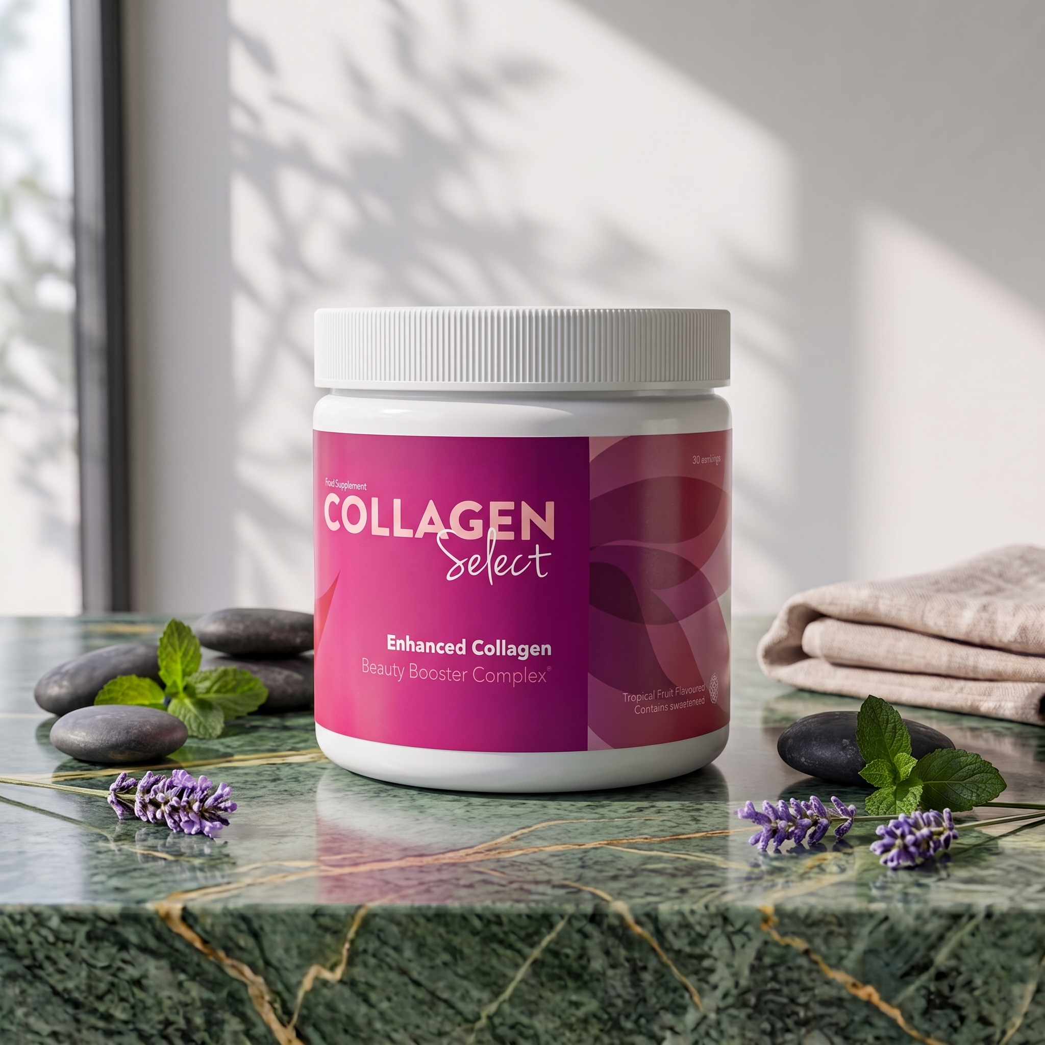 A bottle of collagen supplement with a pink label, placed on a surface with decorative stones, lavender flowers, and mint leaves, in a bright room with sunlight and shadows.