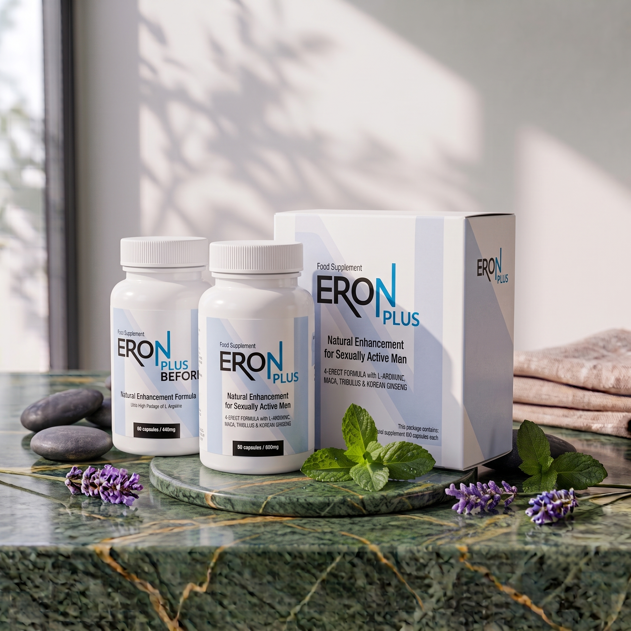 Three bottles of dietary supplement labeled EROplus and a box on a green marble tray with purple flowers and green leaves, on a surface near a window.