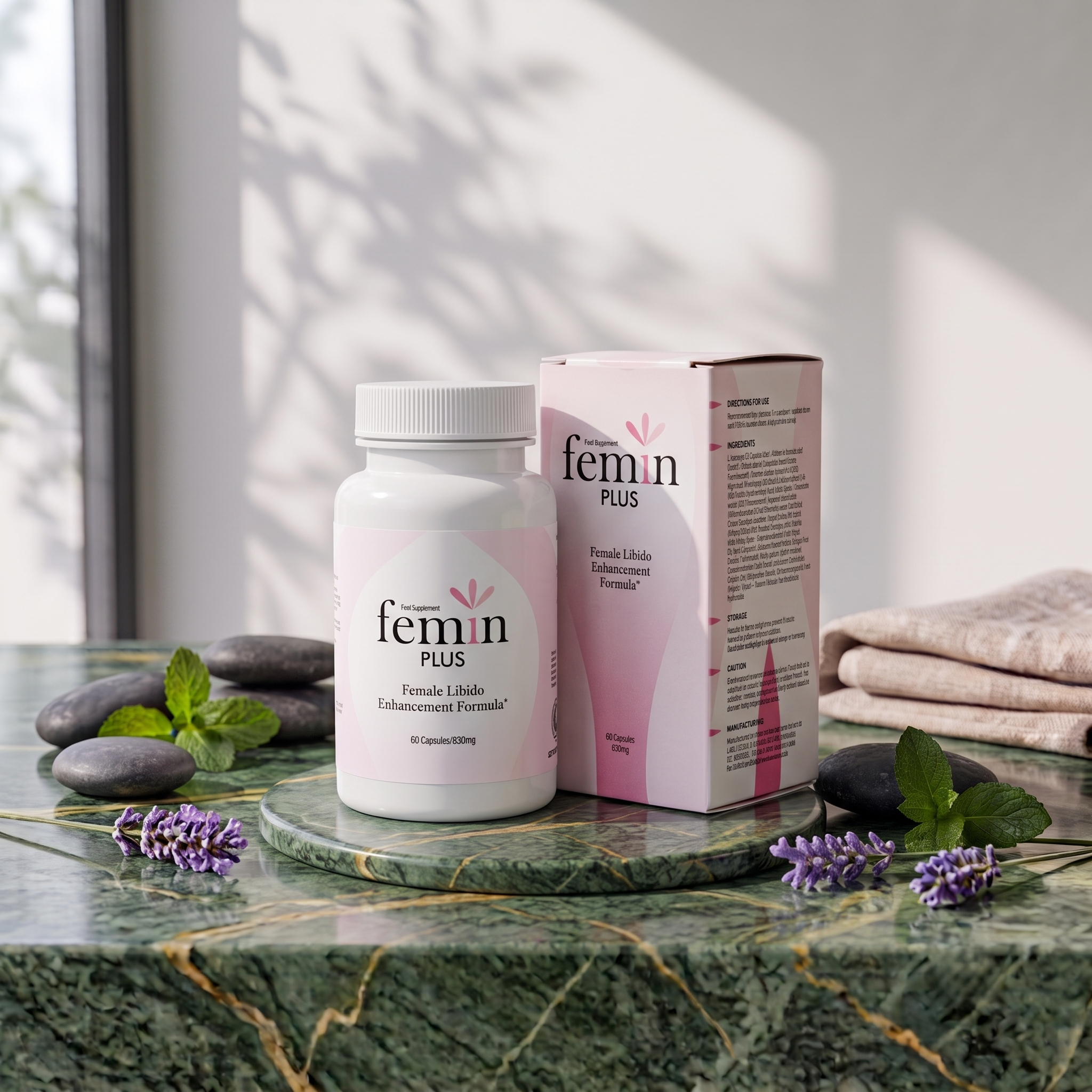 A white bottle and a pink box labeled Femín Plus Female Libido Enhancement Formula are placed on a green patterned marble tray on a table. There are purple flowers and a gray stone with green leaves nearby, with a background of a plain wall and a window casting shadows of leaves.
