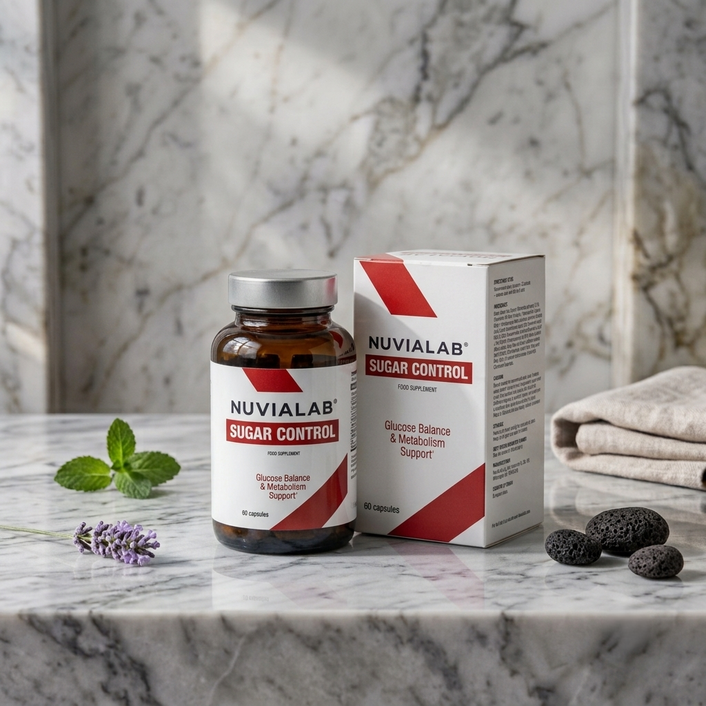 A bottle and box of Nuvialab Sugar Control dietary supplement on a marble countertop. The bottle has a white label with red and black text. There are mint leaves, a lavender sprig, black volcanic stones, a stack of folded towels, and a marble background.