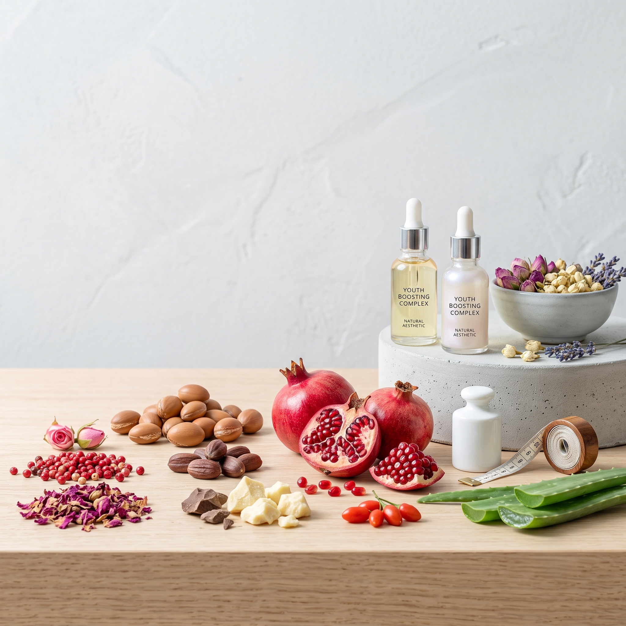 Assorted natural skincare and wellness products, including bottles labeled "Youth Boosting Complex," surrounded by pomegranate, pomegranate seeds, chocolate pieces, dried rose petals, green aloe leaves, and various herbs and natural ingredients on a wooden surface.