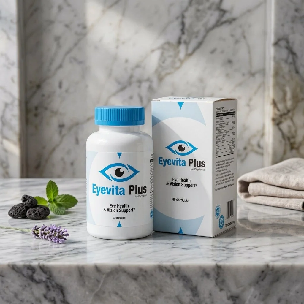 A bottle and box of Eyevita Plus dietary supplements on a marble surface, with blackberries, lavender, a mint leaf, and a folded towel nearby against a marble wall background.