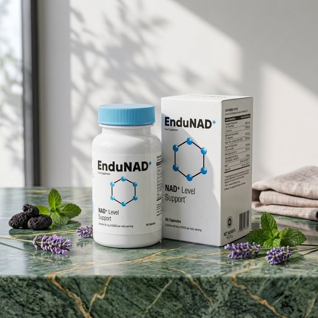 Bottle and box of EnduNAD dietary supplement tablets on a green marble table, with fresh blackberries, mint leaves, and lavender around them, near a window with sunlight.
