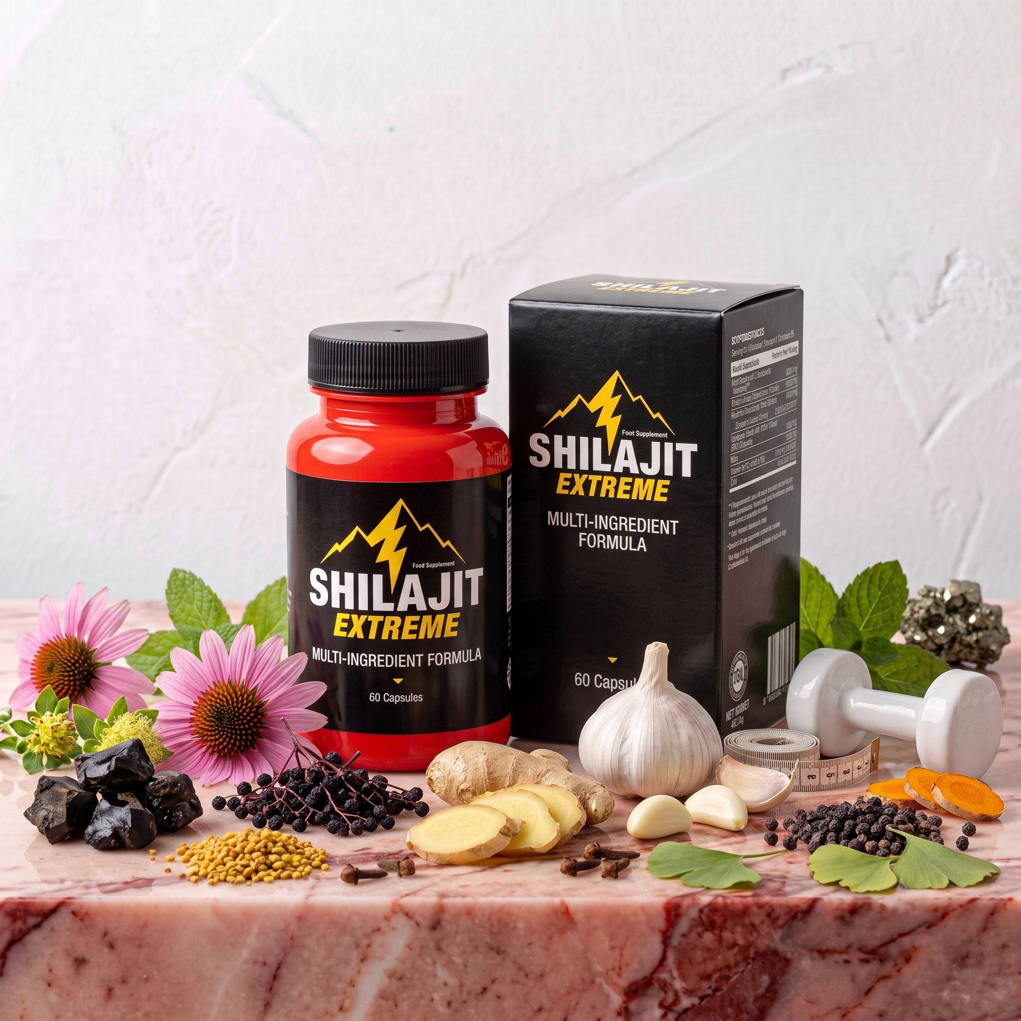 Supplements and spices on a marble surface with flowers and garlic.
