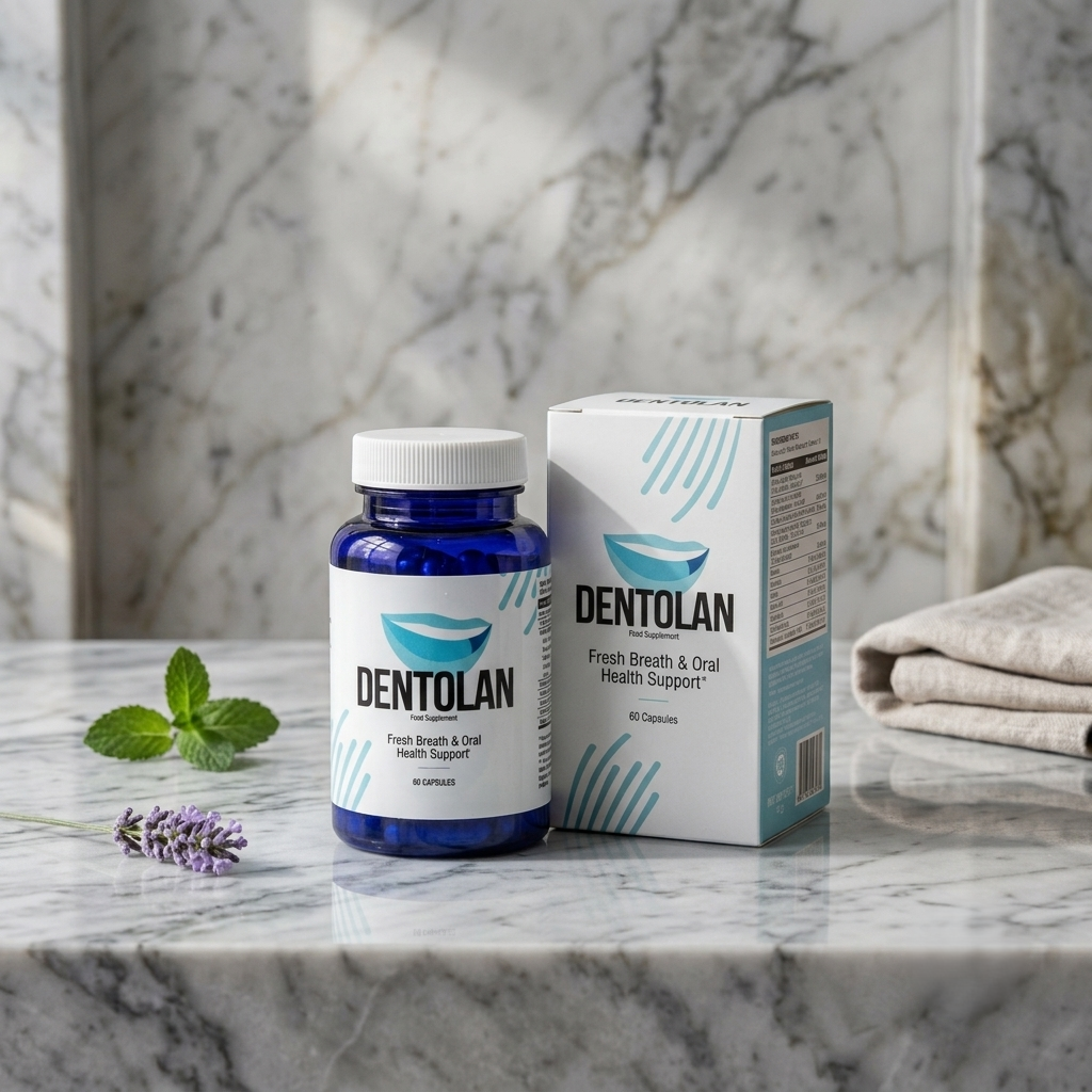 A blue bottle and a box of Dentolan herbal supplement capsules on a marble surface with mint leaves, lavender, and a folded cloth nearby.