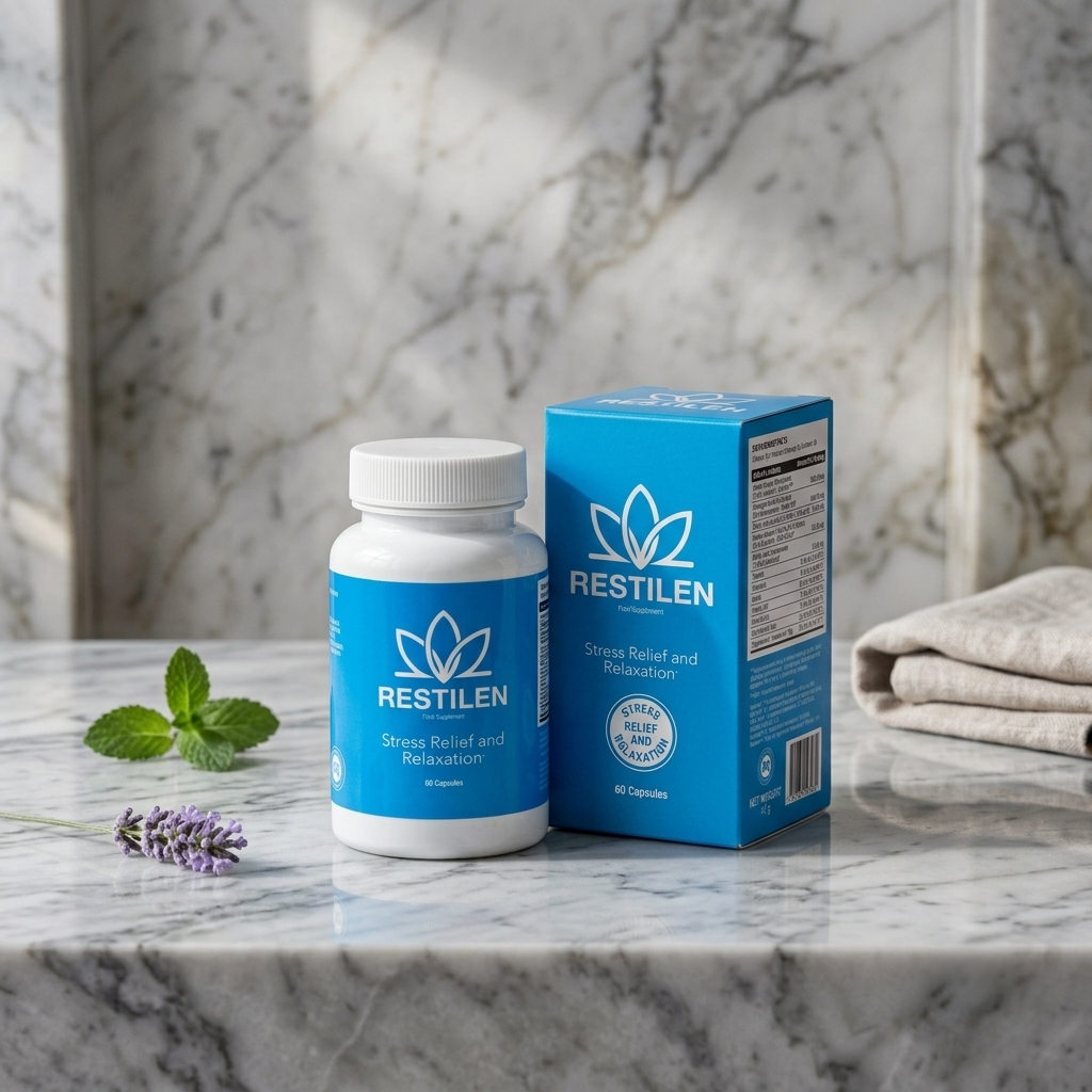 A bottle and box of Restilen stress relief capsules on a marble surface with a sprig of mint and lavender flowers, with a folded towel nearby.