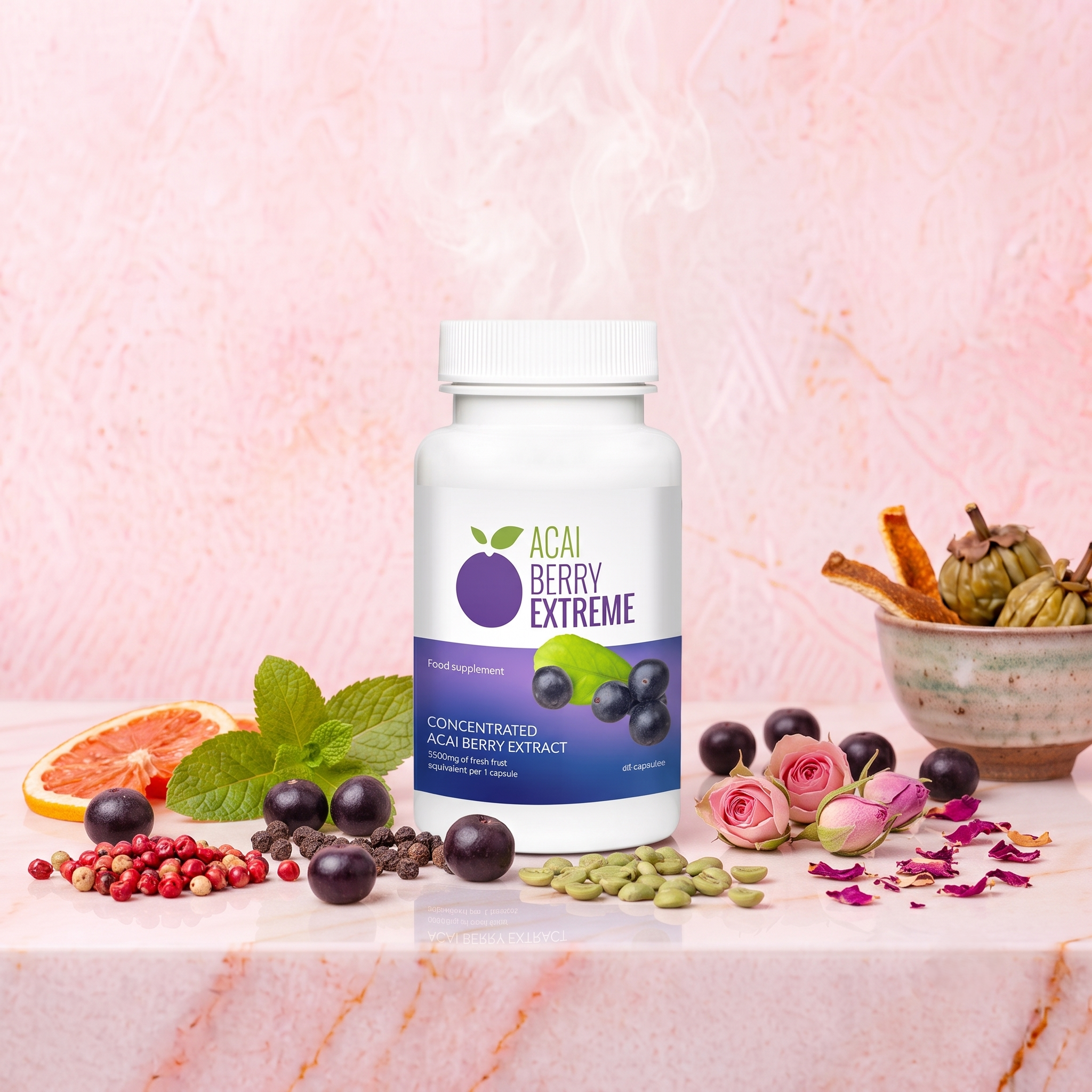 A white bottle labeled 'Acai Berry Extreme' dietary supplement surrounded by various fresh and dried berries, herbs, and flower petals on a pink marble background.
