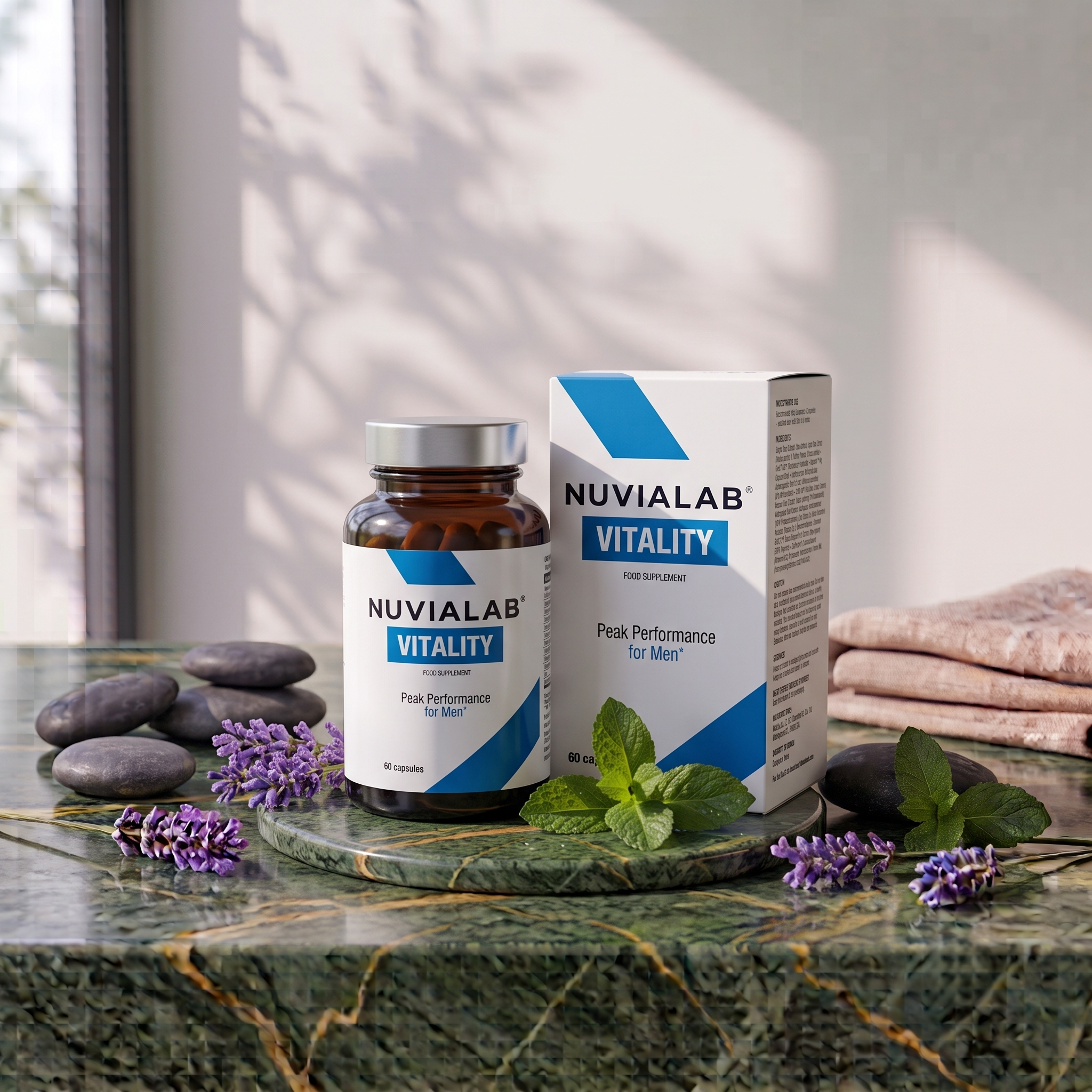 Nuvialab Vitality supplement bottle and box on a marble surface, surrounded by purple flowers, green leaves, and stones, with a blurred background of a bright room and window.