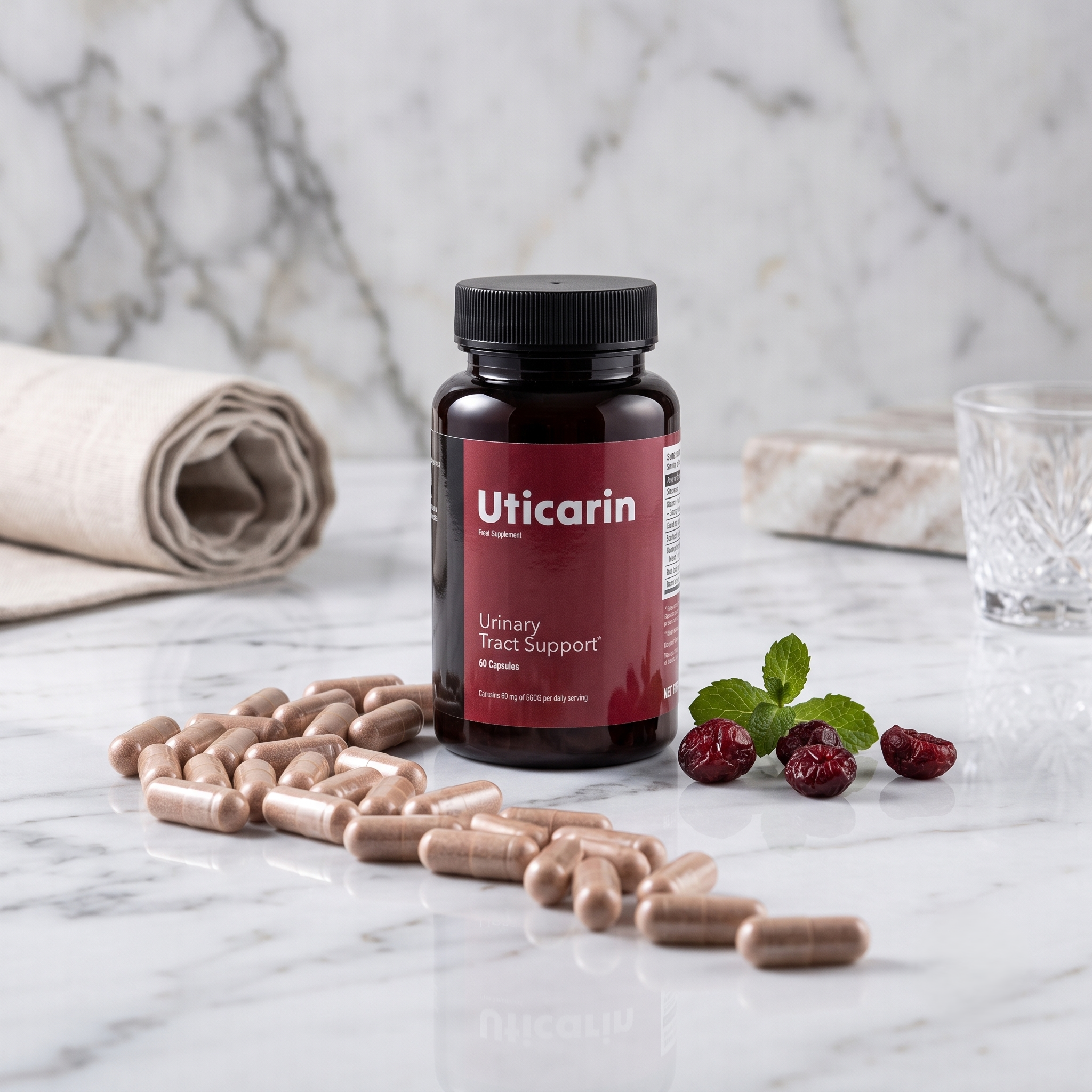 A bottle of Uticarin Urinary Tract Support supplements placed on a marble surface with scattered capsules, a rolled towel, glass cup, and some fresh herbs and berries in the background.