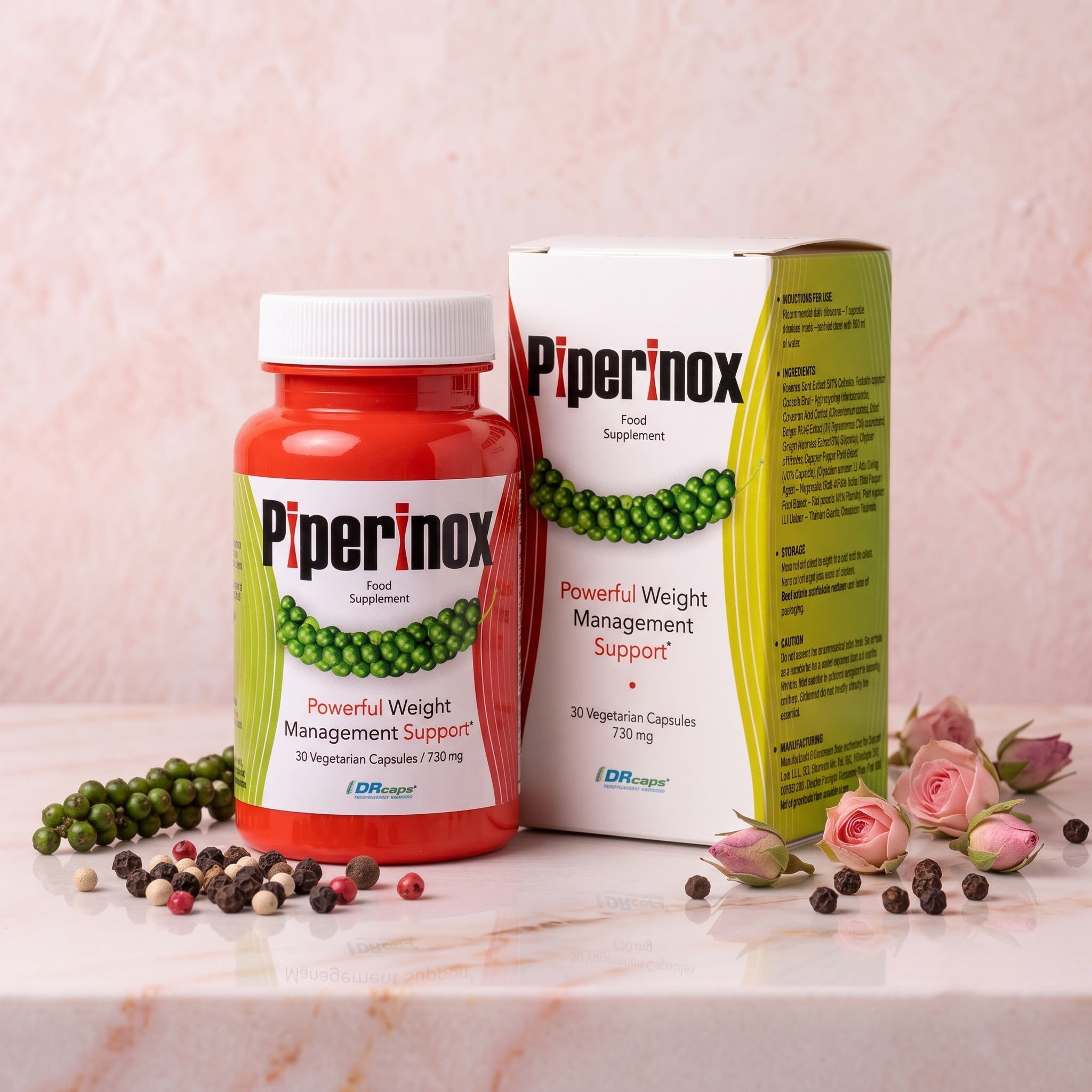 A bottle of dietary supplement pills labeled 'Pipermax' with a box behind it, both placed on a marble surface along with scattered multicolored peppercorns, pink roses, and some green peppercorns.