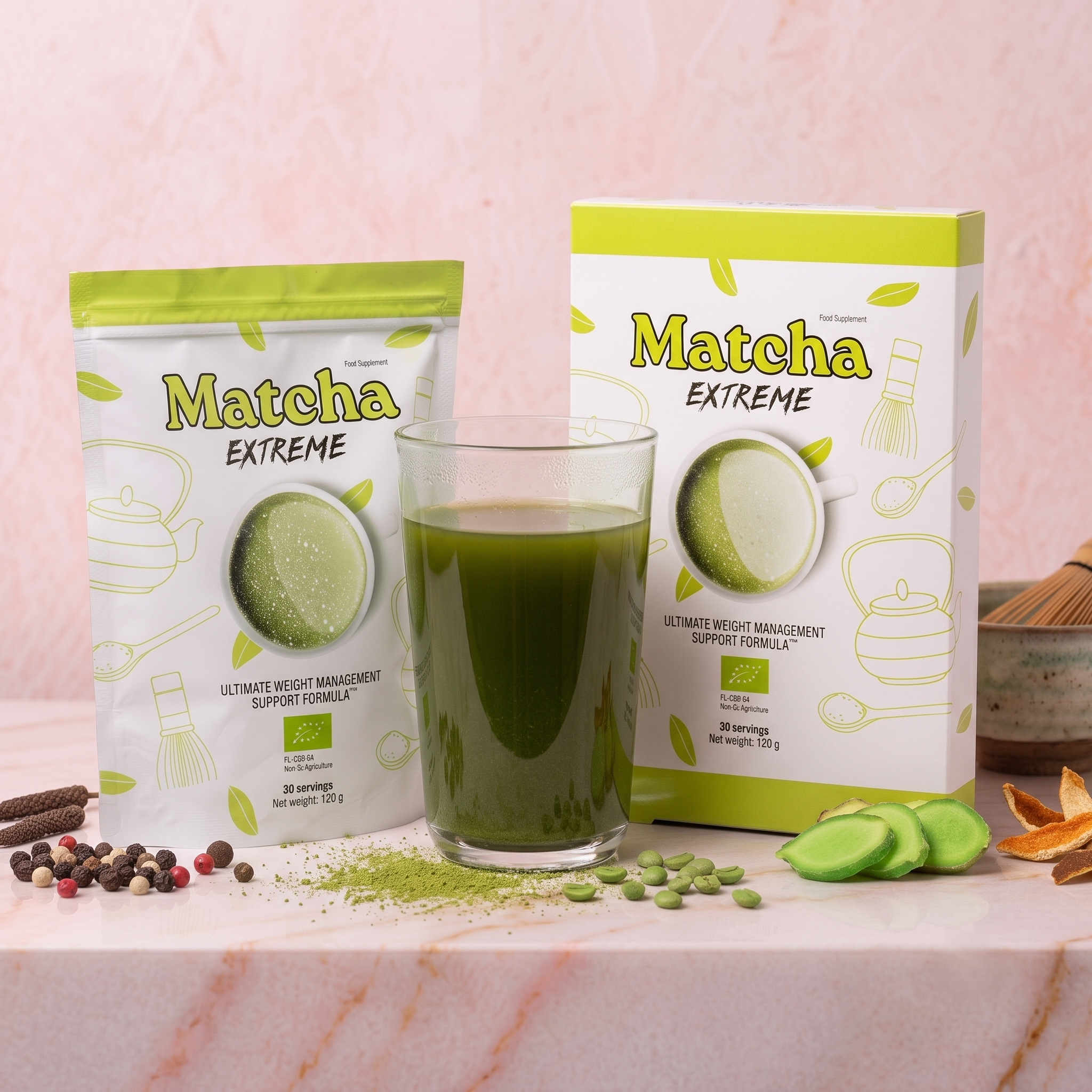 Box and bag of Matcha Extreme dietary supplement powder, glass of prepared matcha tea, and scattered matcha powder and green ingredients on a marble surface.