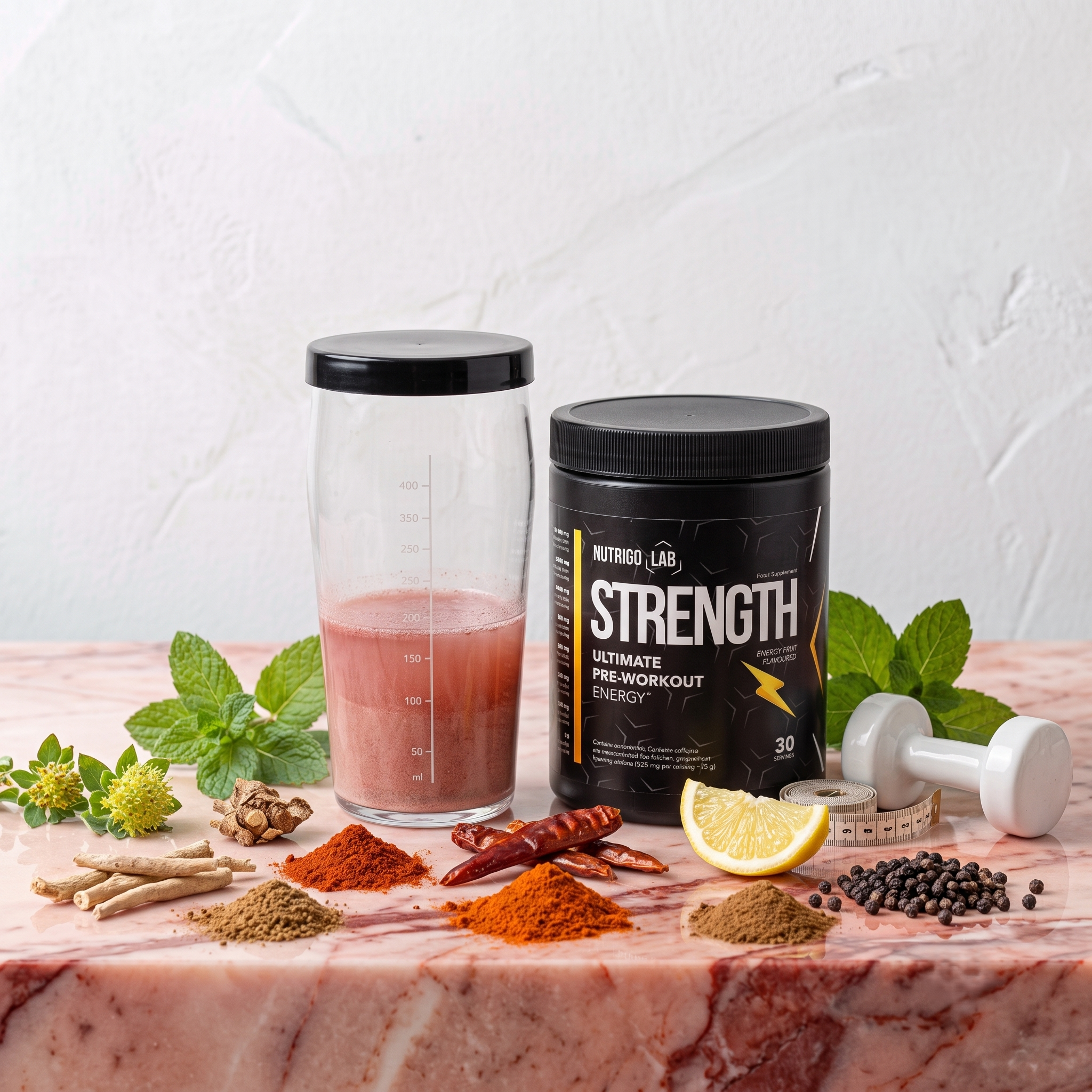 Various herbs, spices, lemon slices, and dietary supplements on a pink marble surface with a white textured background.