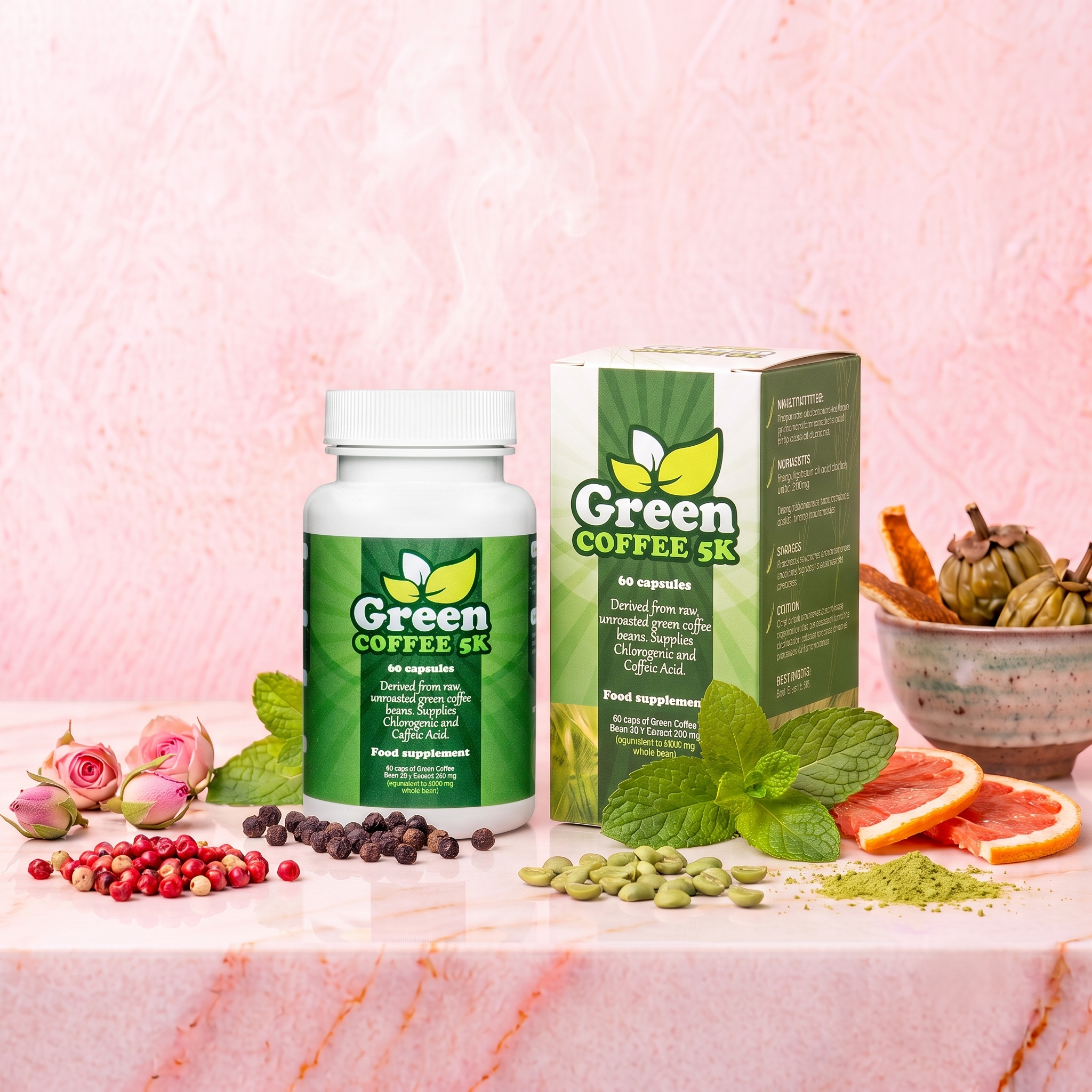 A white bottle of Green Coffee 5K capsules, a green box of Green Coffee 5K, and various colorful berries, seeds, and herbs arranged on a white marble surface against a pink marbled background.