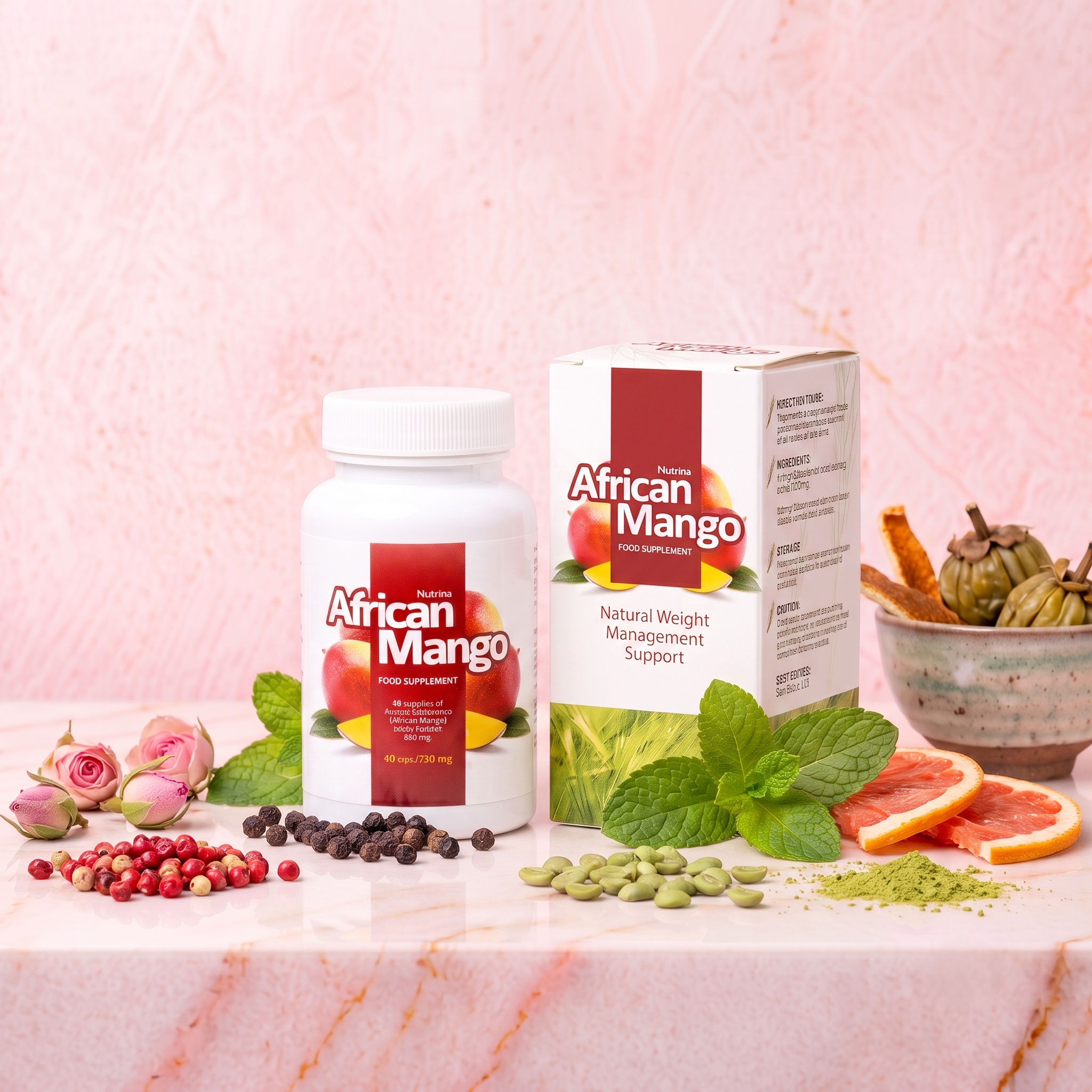 Supplements including African Mango, surrounded by various colorful spices and herbs on a marble surface with a pink marbled background.