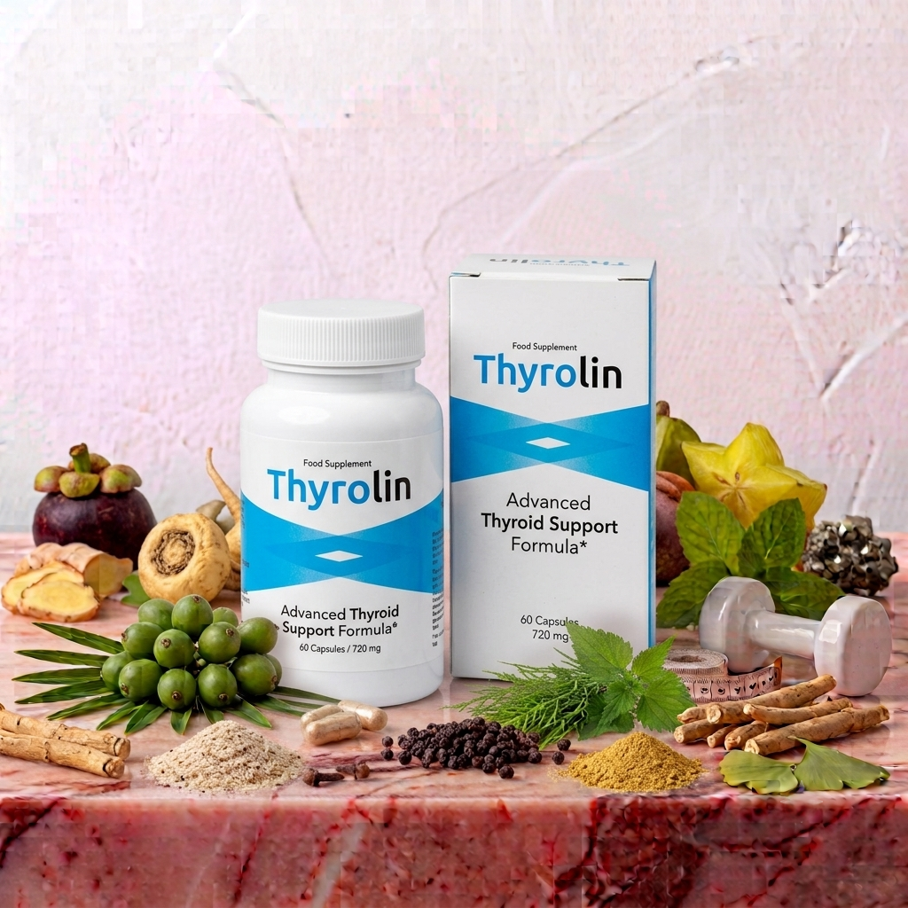 A bottle and box of Thrylin dietary supplement for thyroid support on a pink textured surface, surrounded by various herbs, plants, and natural ingredients such as ginseng, berries, turmeric, and leaves.