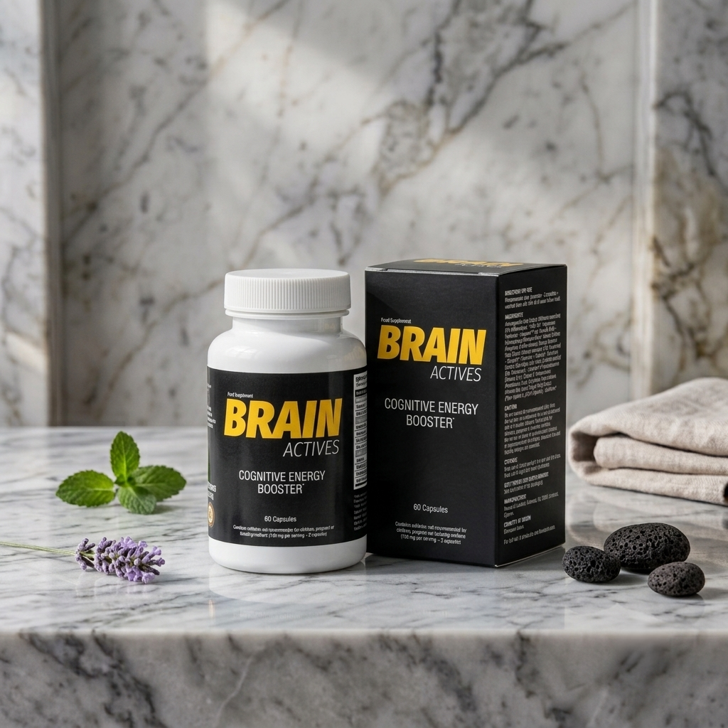 A bottle and box of Brain Actives, a cognitive energy booster supplement, placed on a marble surface with mint leaves and lavender flowers nearby, and some volcanic rocks and a folded cloth in the background.