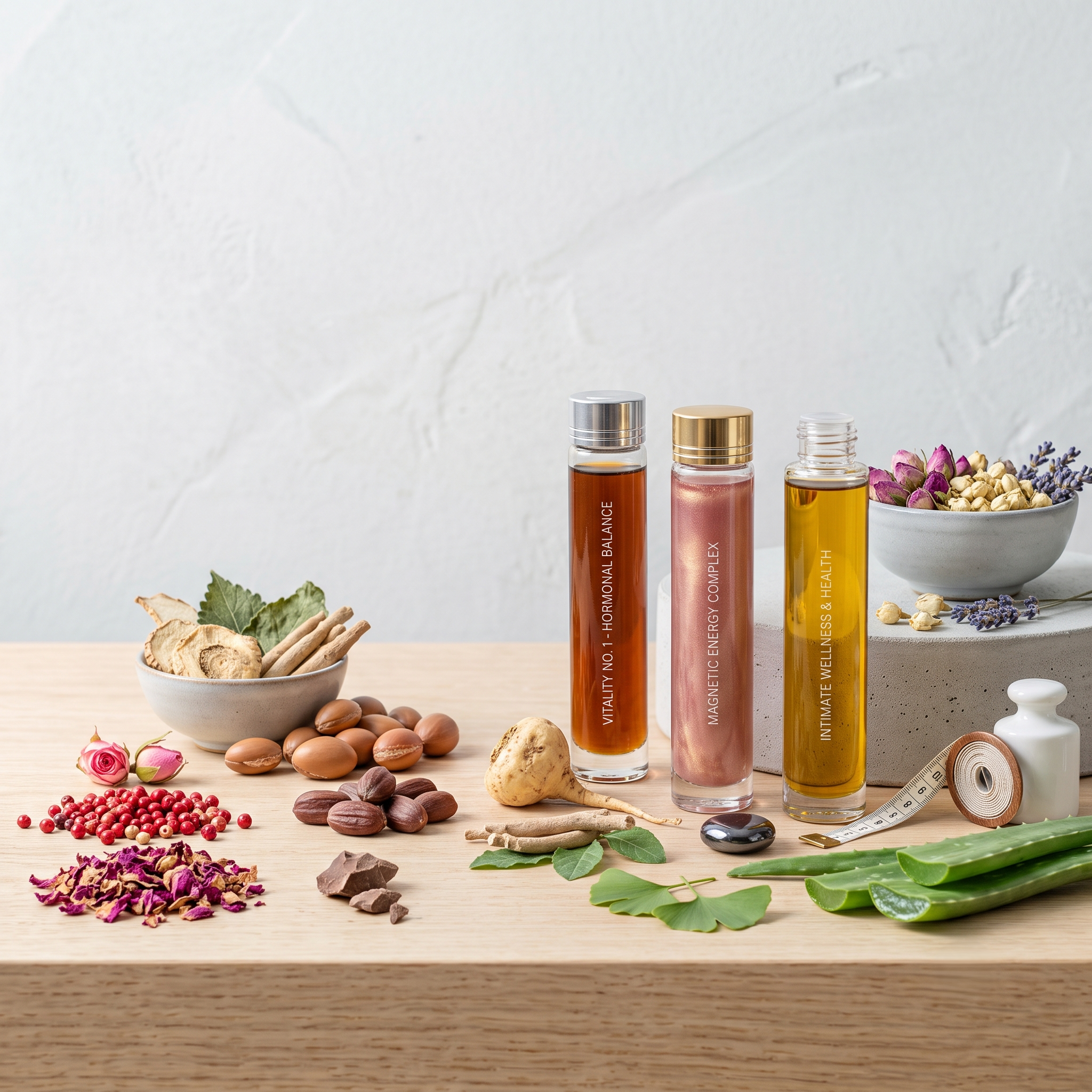 A variety of natural health and wellness items on a wooden surface, including glass bottles with liquids and labels, dried herbs, flowers, leaves, and a white bowl with roots and spices, in front of a plain white wall.