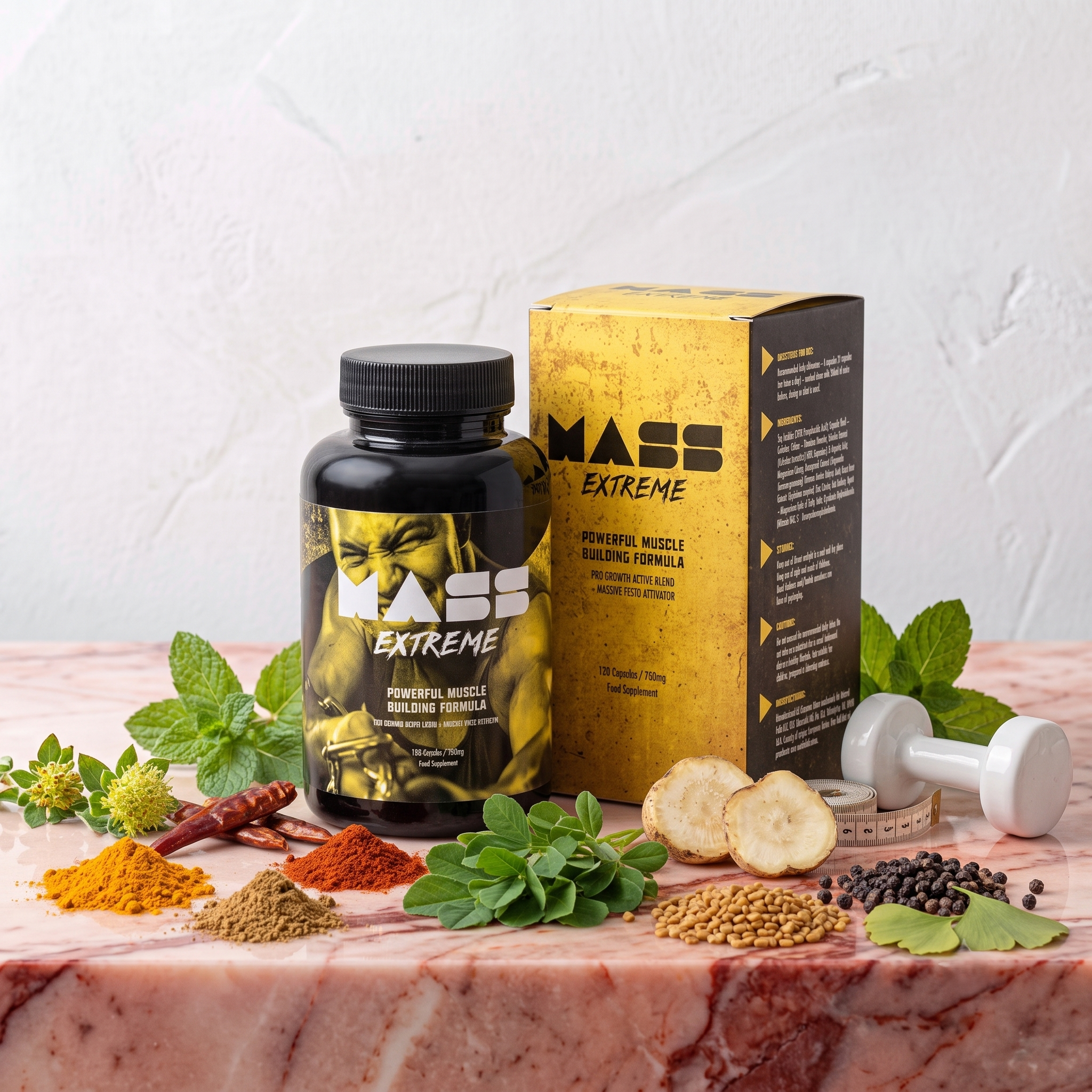 A dietary supplement bottle with yellow and black labeling labeled "Mass Extreme" and a box of the same product behind it on a marble surface, surrounded by various spices, herbs, and natural ingredients such as dried chili peppers, turmeric powder, ginger root, and black peppercorns, with green leaves scattered around.