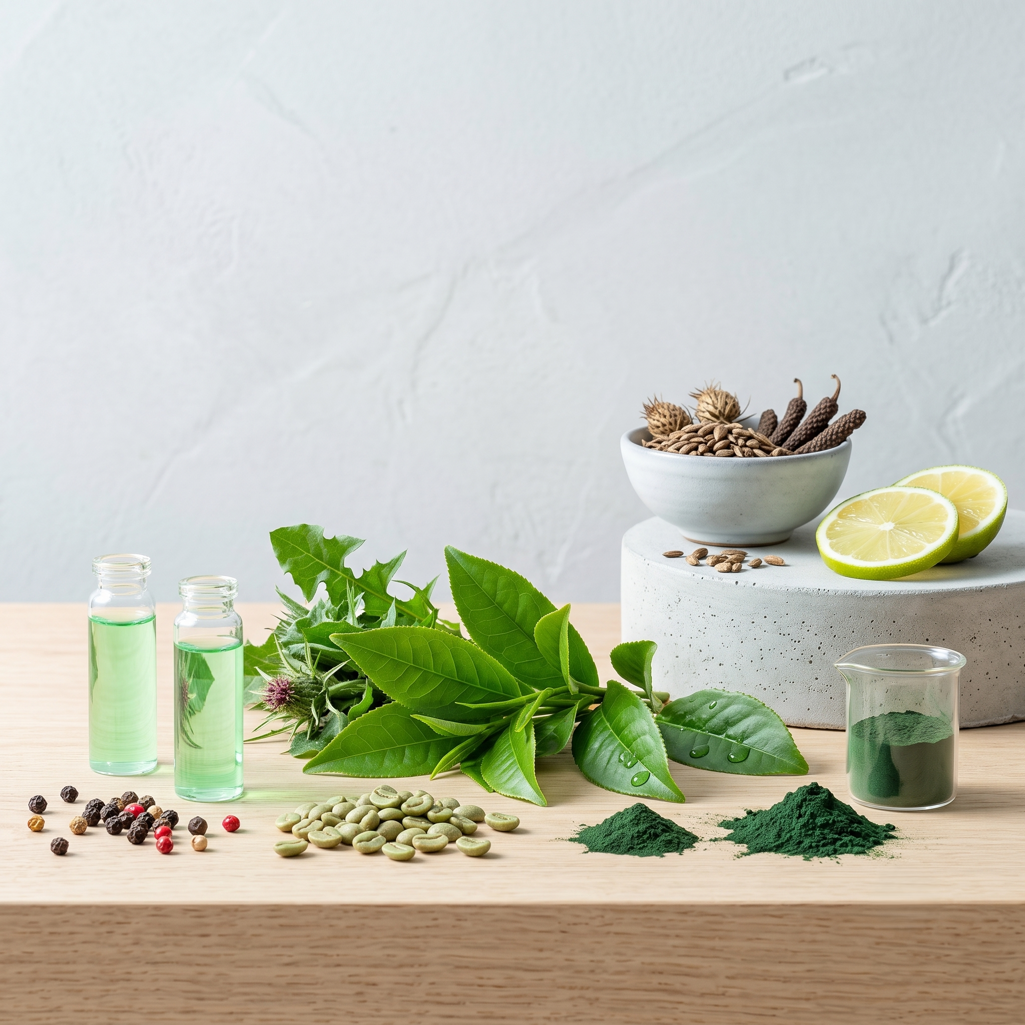 Collection of herbs, seeds, powders, and liquids in test tubes on a wooden surface, with lemon slices and green leaves, suggesting herbal or natural remedies.
