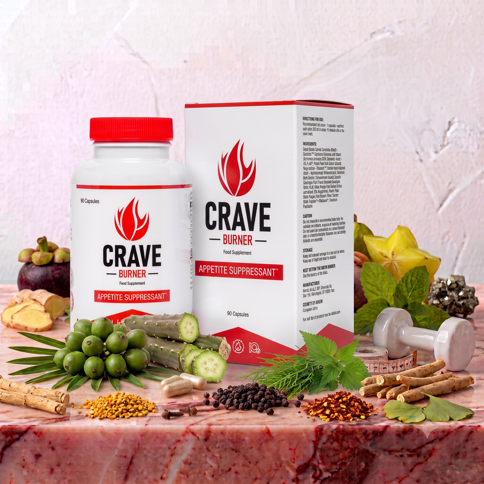 A white plastic bottle with a red lid and a box labeled "CRAVE Burner Appetite Suppressant" surrounded by various herbs, spices, roots, and fruits on a marble surface with a textured white wall background.