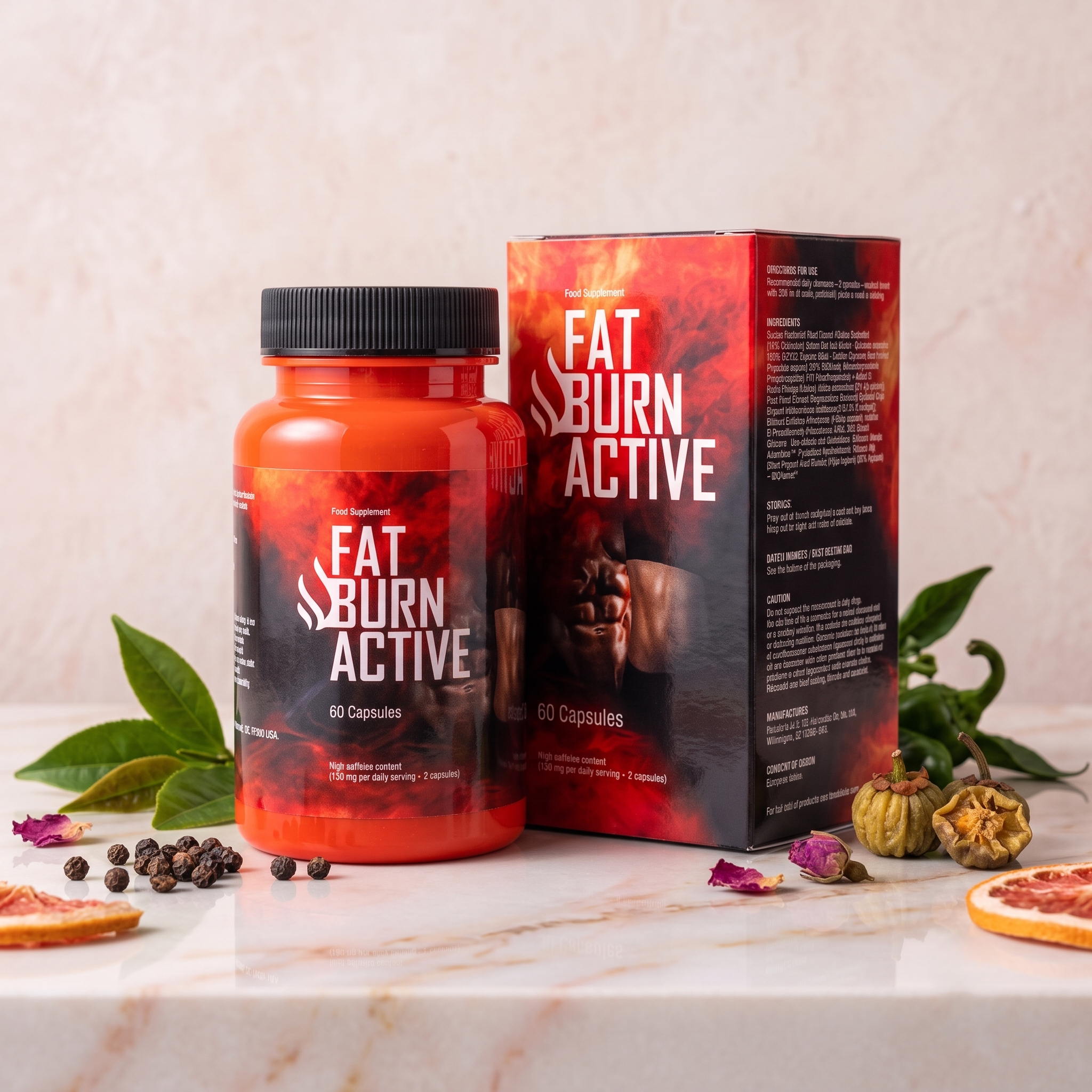 A bottle and box of dietary supplement labeled 'Fat Burn Active' on a marble surface surrounded by scattered spices, herbs, dried fruit, and nuts with a light background.