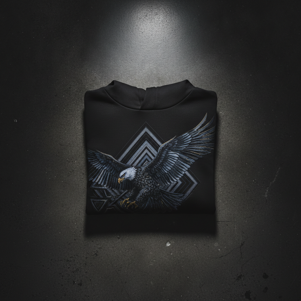 Folded black T-shirt with an embroidered eagle and geometric design in shades of blue and white, placed on a dark surface with subtle lighting.