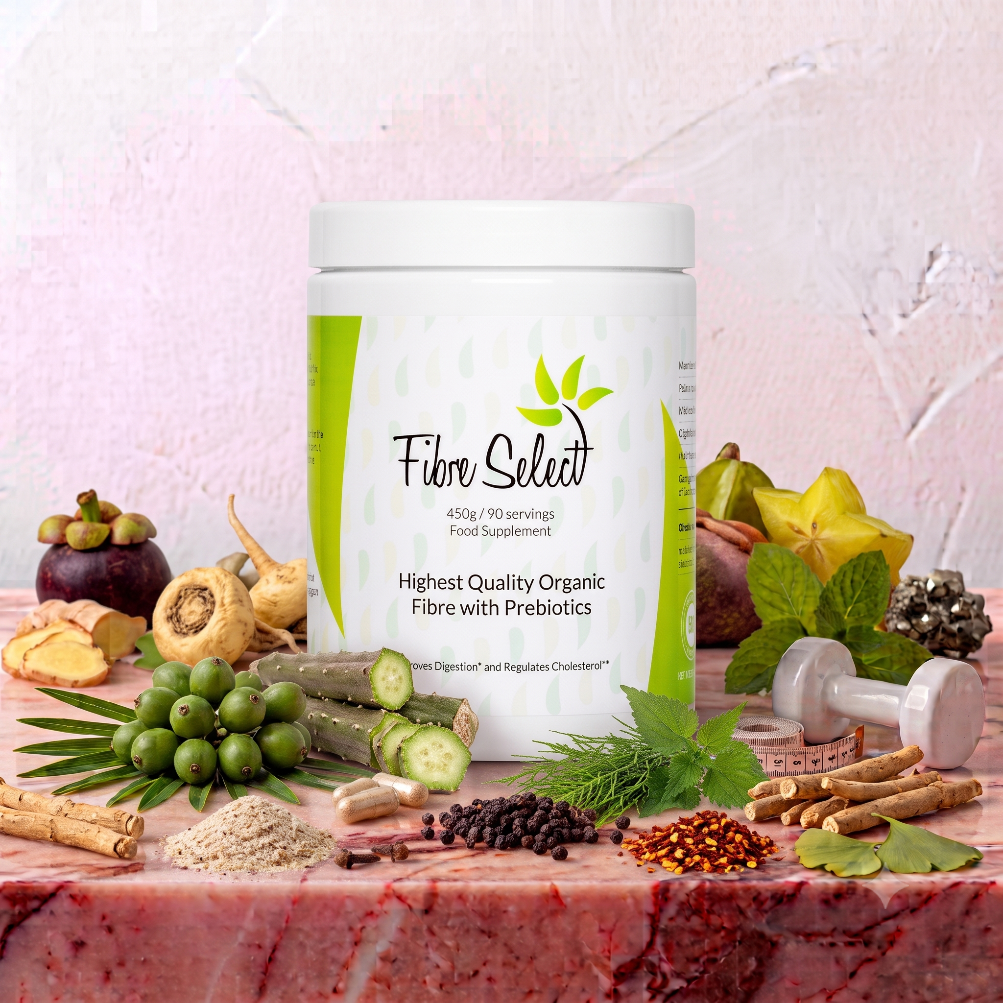 A container of fiber supplement with ingredients such as fruits, herbs, and spices arranged around it on a pink marble surface.